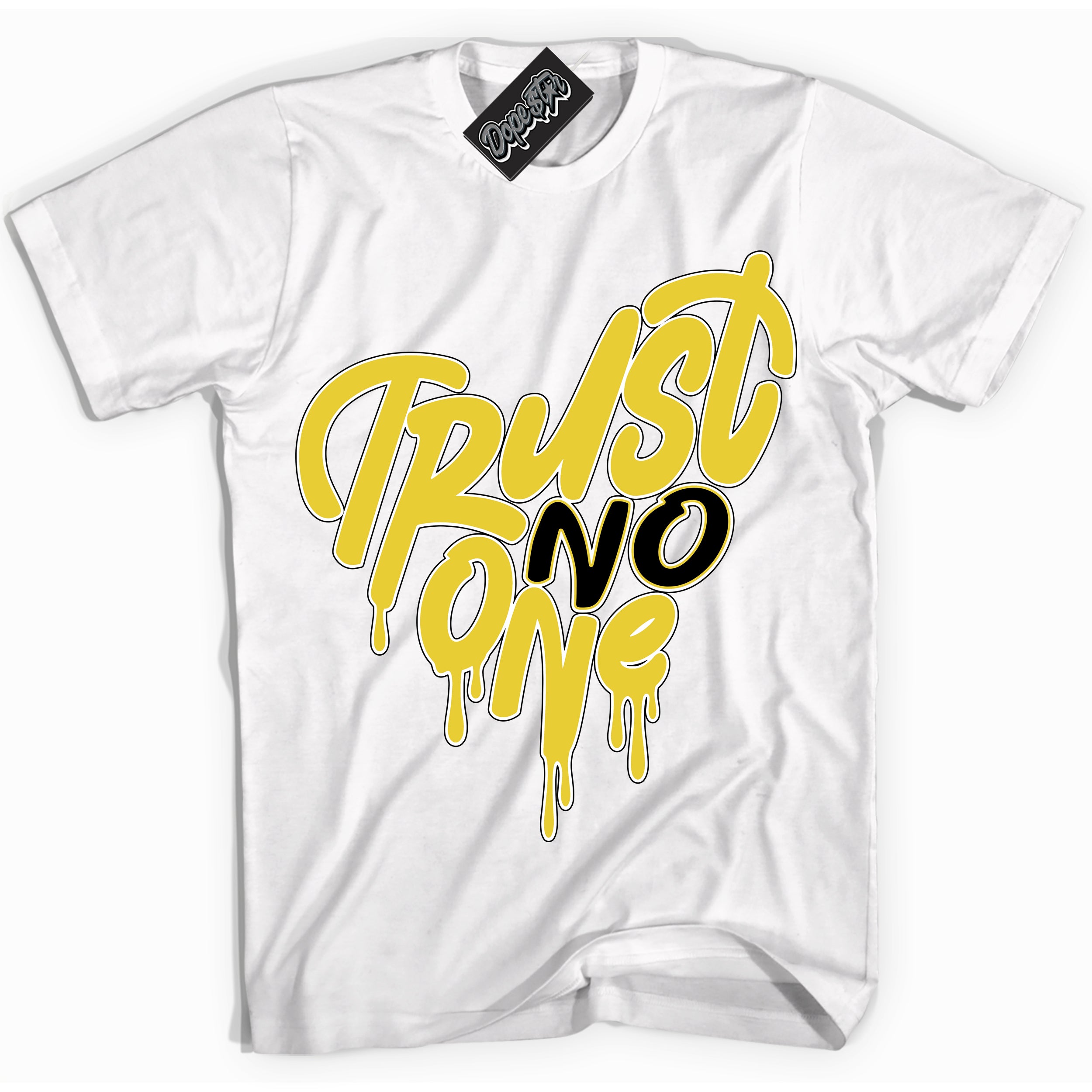 Cool White Shirt with “ Trust No One Heart” design that perfectly matches Vivid Sulfur 4s Jordans.
