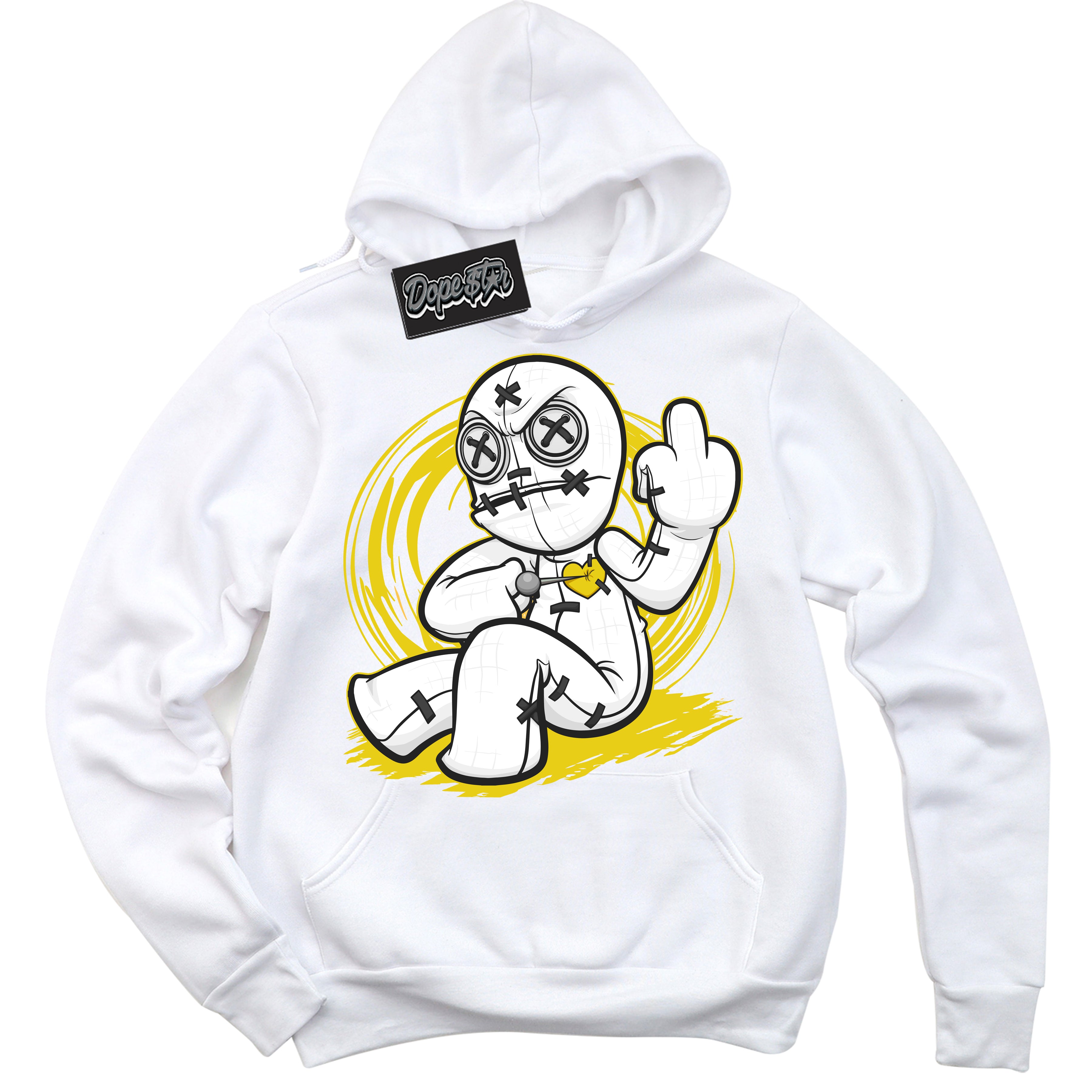 Cool White Hoodie with “ Voodoo Doll ”  design that Perfectly Matches Vivid Sulfur 4s Jordans.
