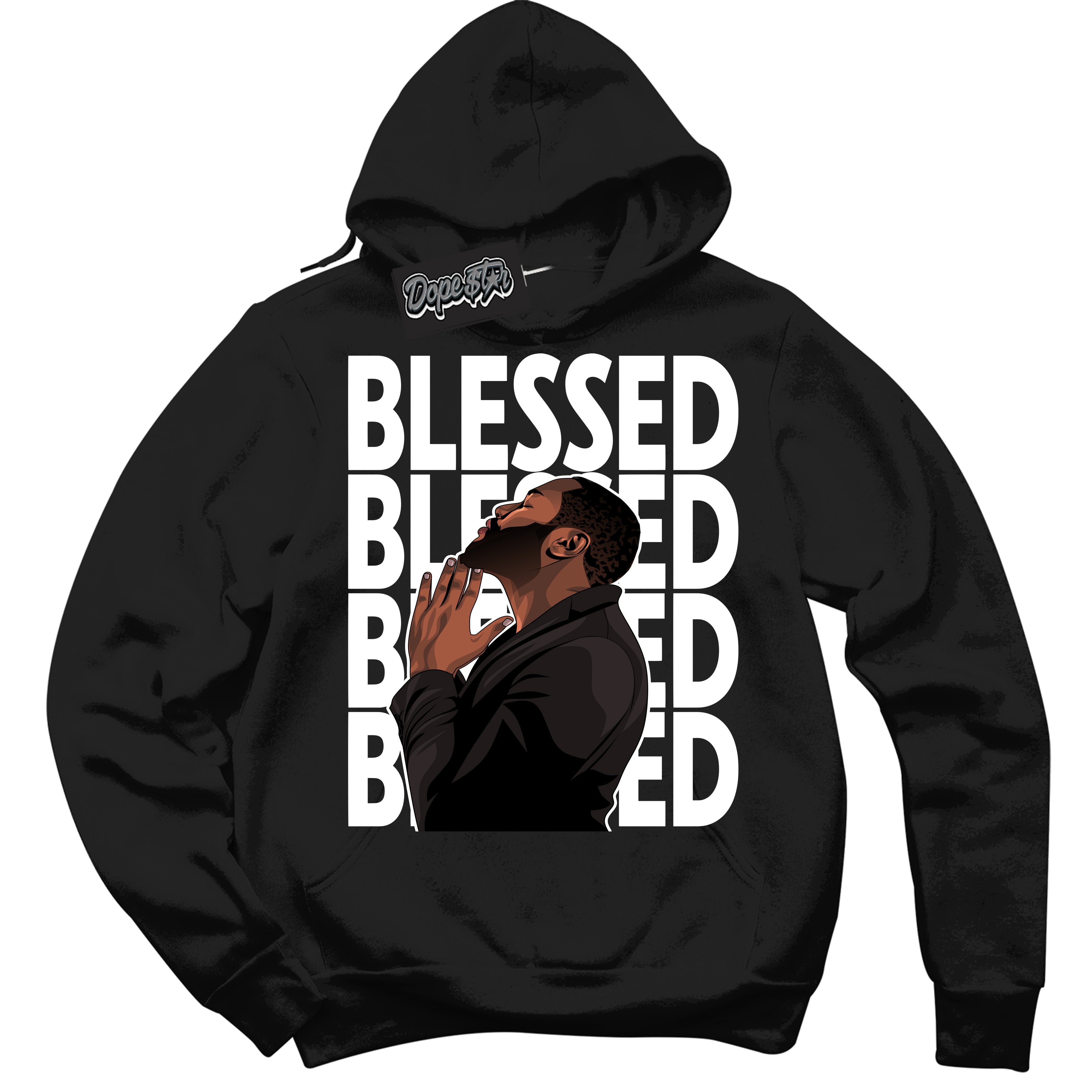 Cool Black Hoodie with “God Blessed” design that Perfectly Matches White Thunder 4s Jordans.