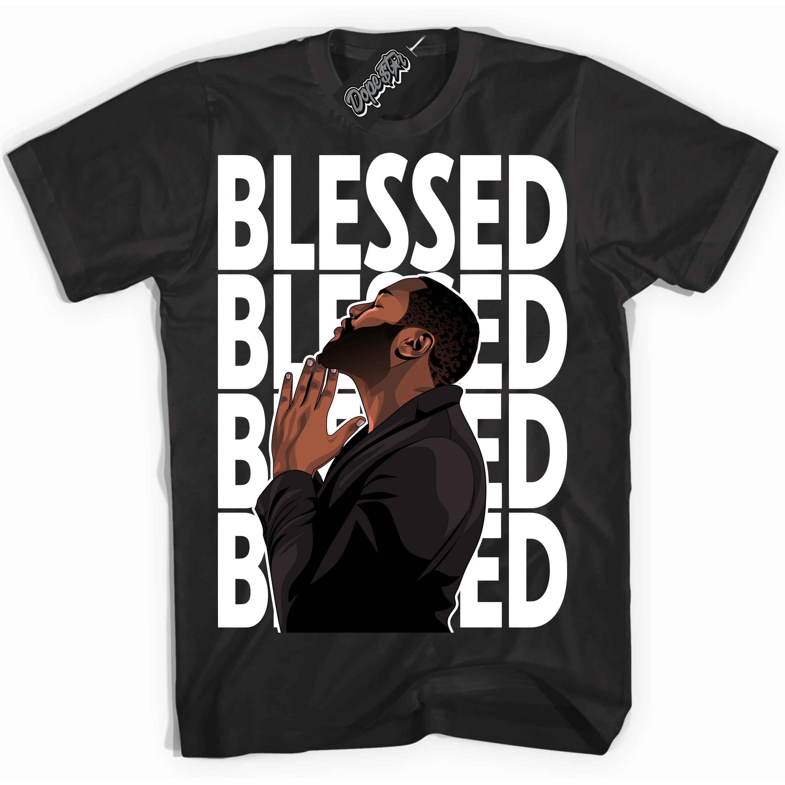 Cool Black Shirt with “God Blessed” design that perfectly matches the White Thunder 4s Jordans.