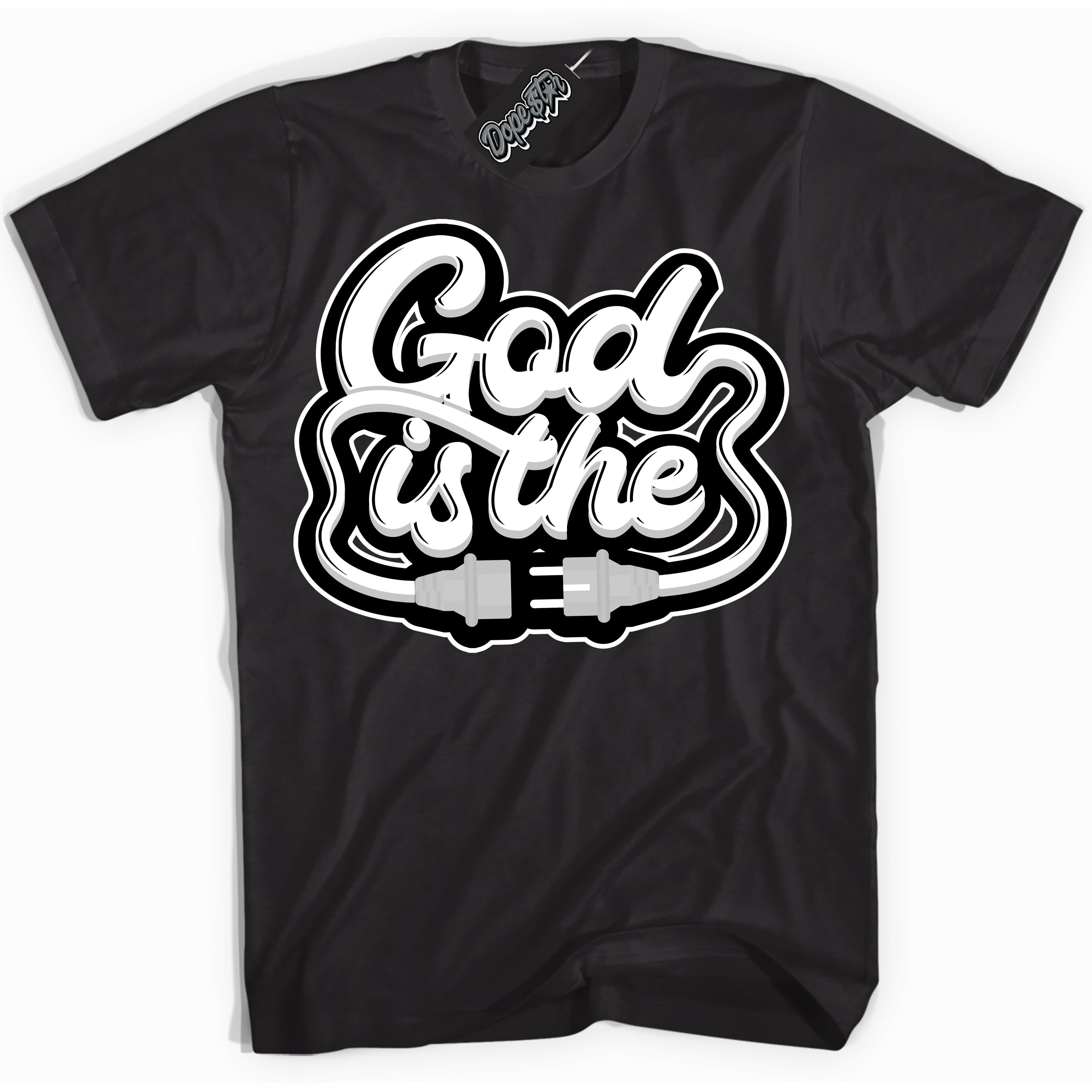 Cool Black Shirt with “God Is The” design that perfectly matches the White Thunder 4s Jordans.