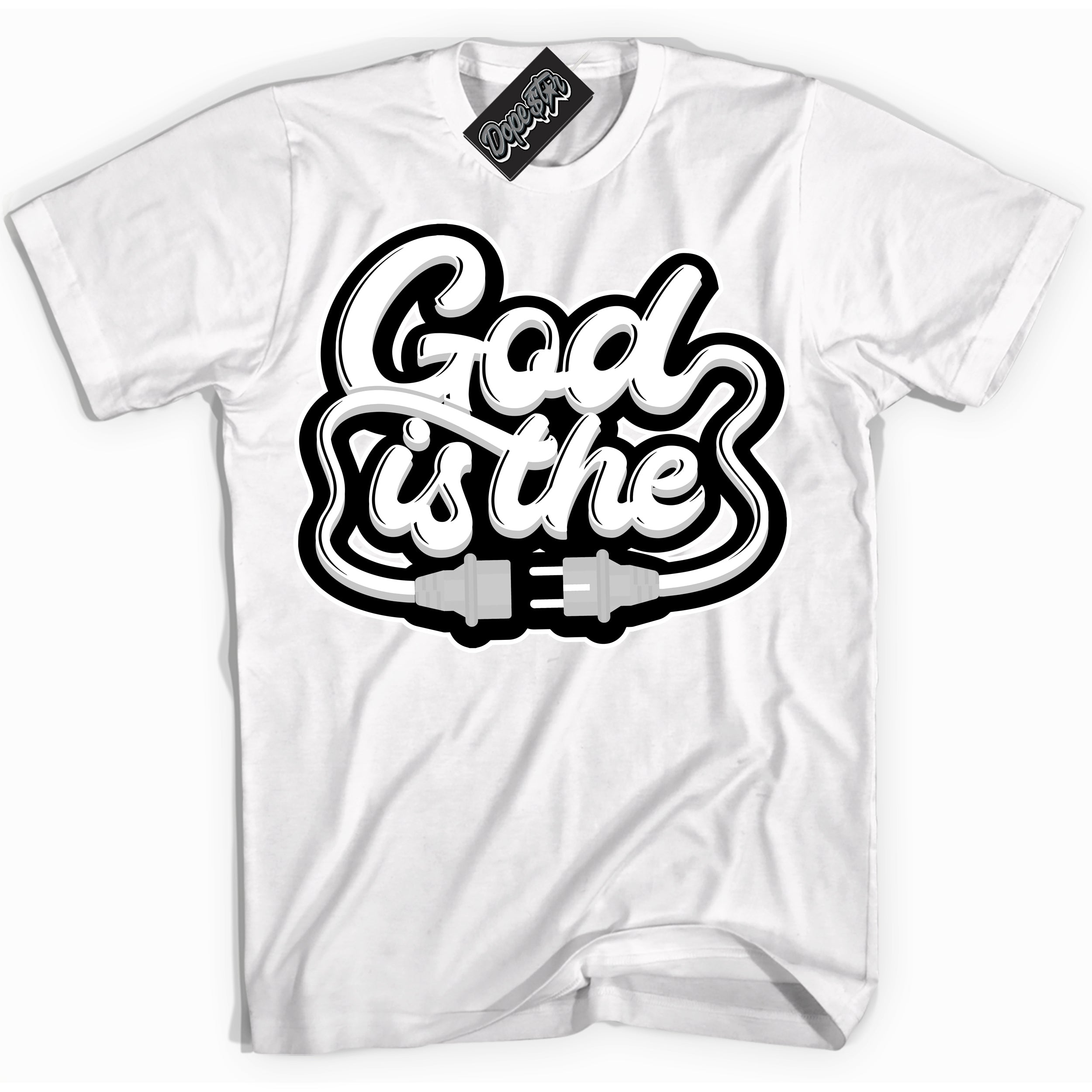 Cool White Shirt with “God Is The” design that perfectly matches the White Thunder 4s Jordans.