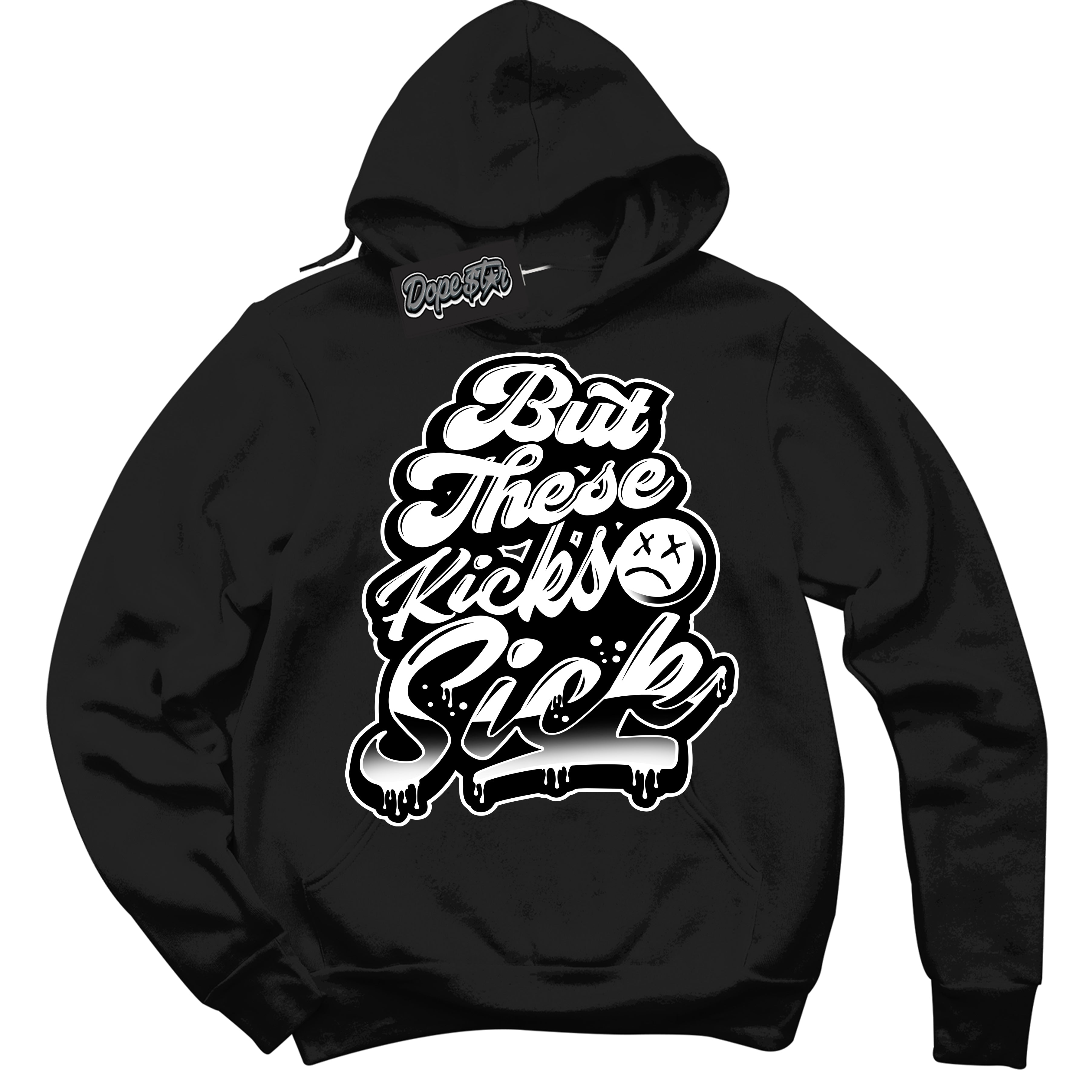 Cool Black Hoodie with “Kick Sick” design that Perfectly Matches White Thunder 4s Jordans.