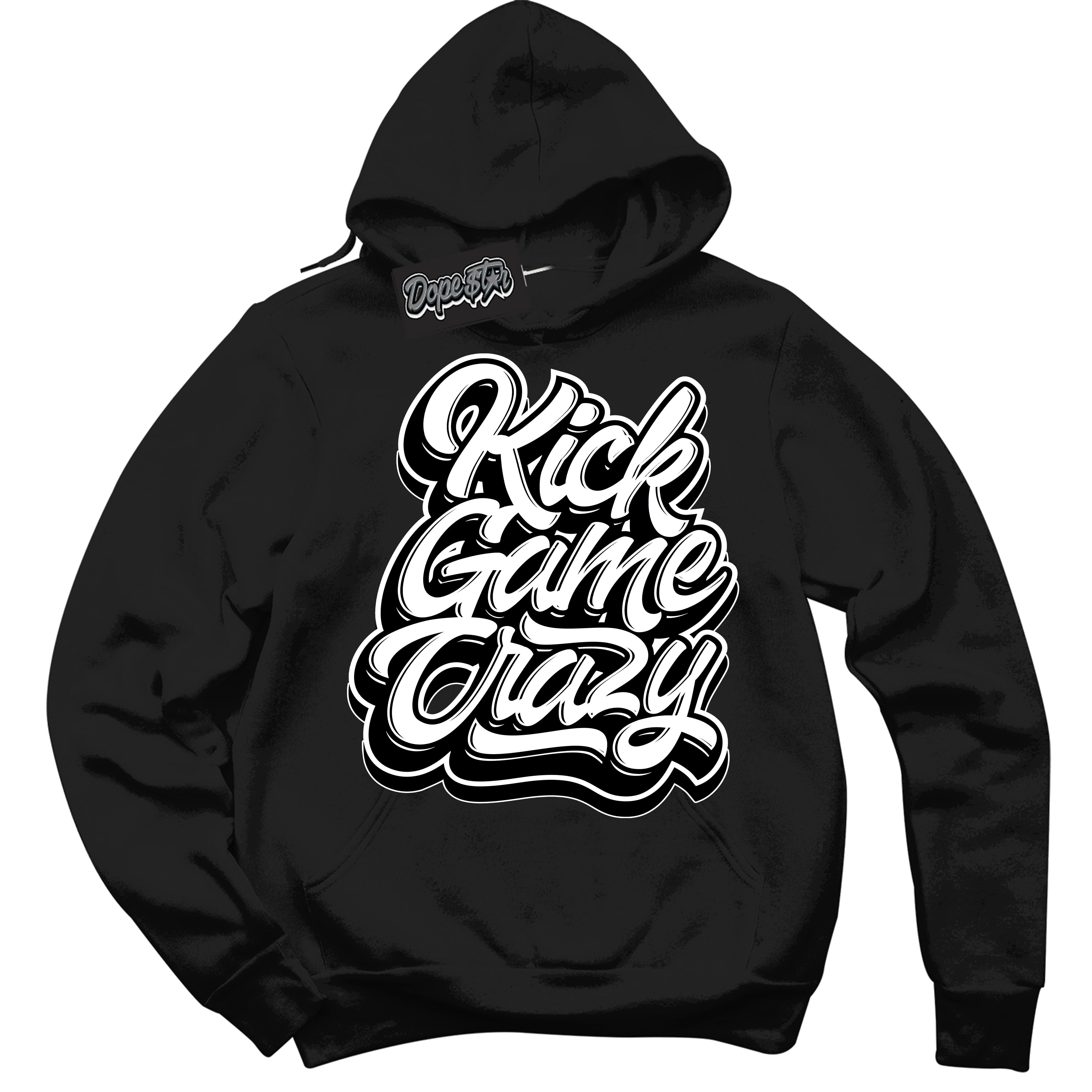 Cool Black Hoodie with “Kick Game Crazy” design that Perfectly Matches White Thunder 4s Jordans.