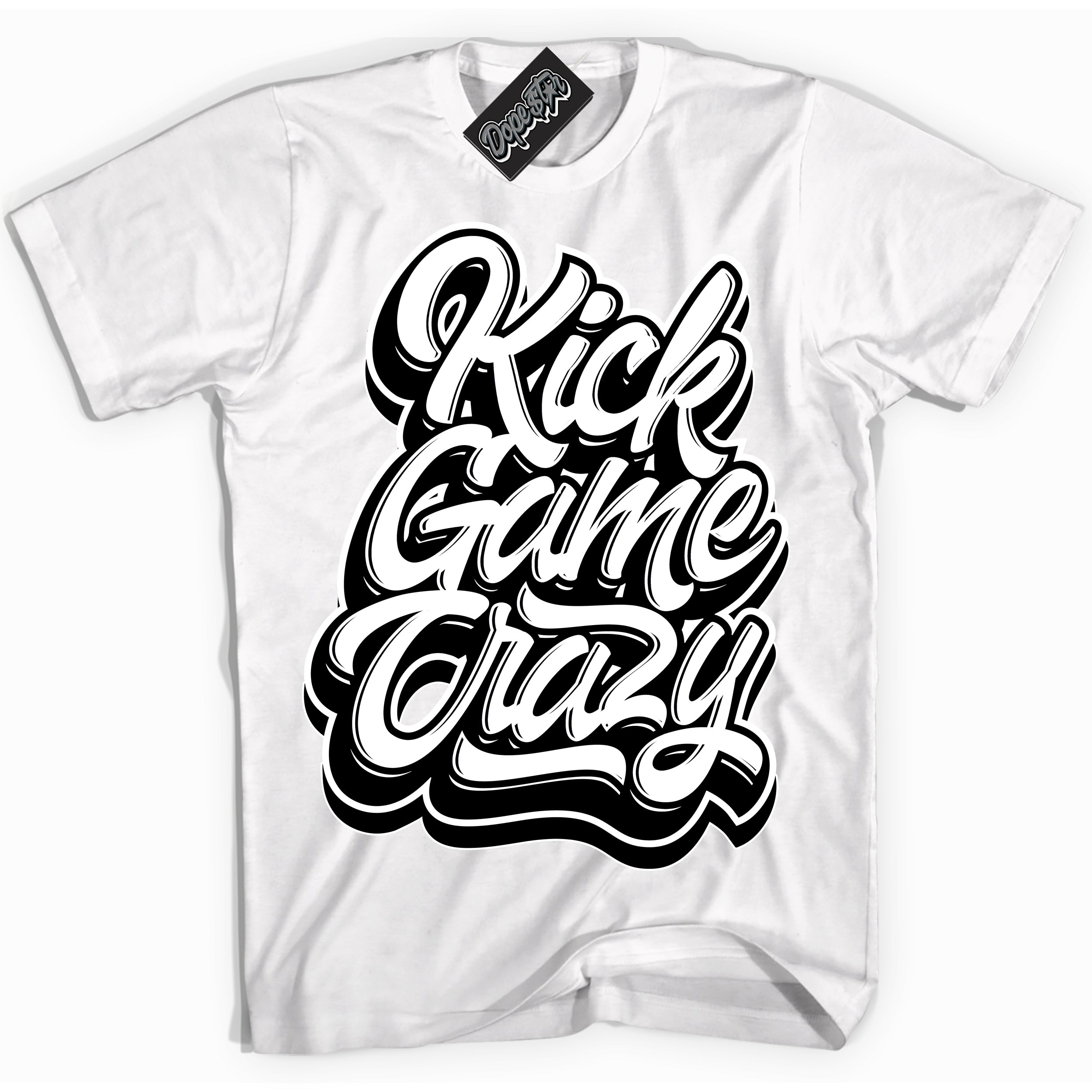 Cool White Shirt with “Kick Game Crazy” design that perfectly matches the White Thunder 4s Jordans.