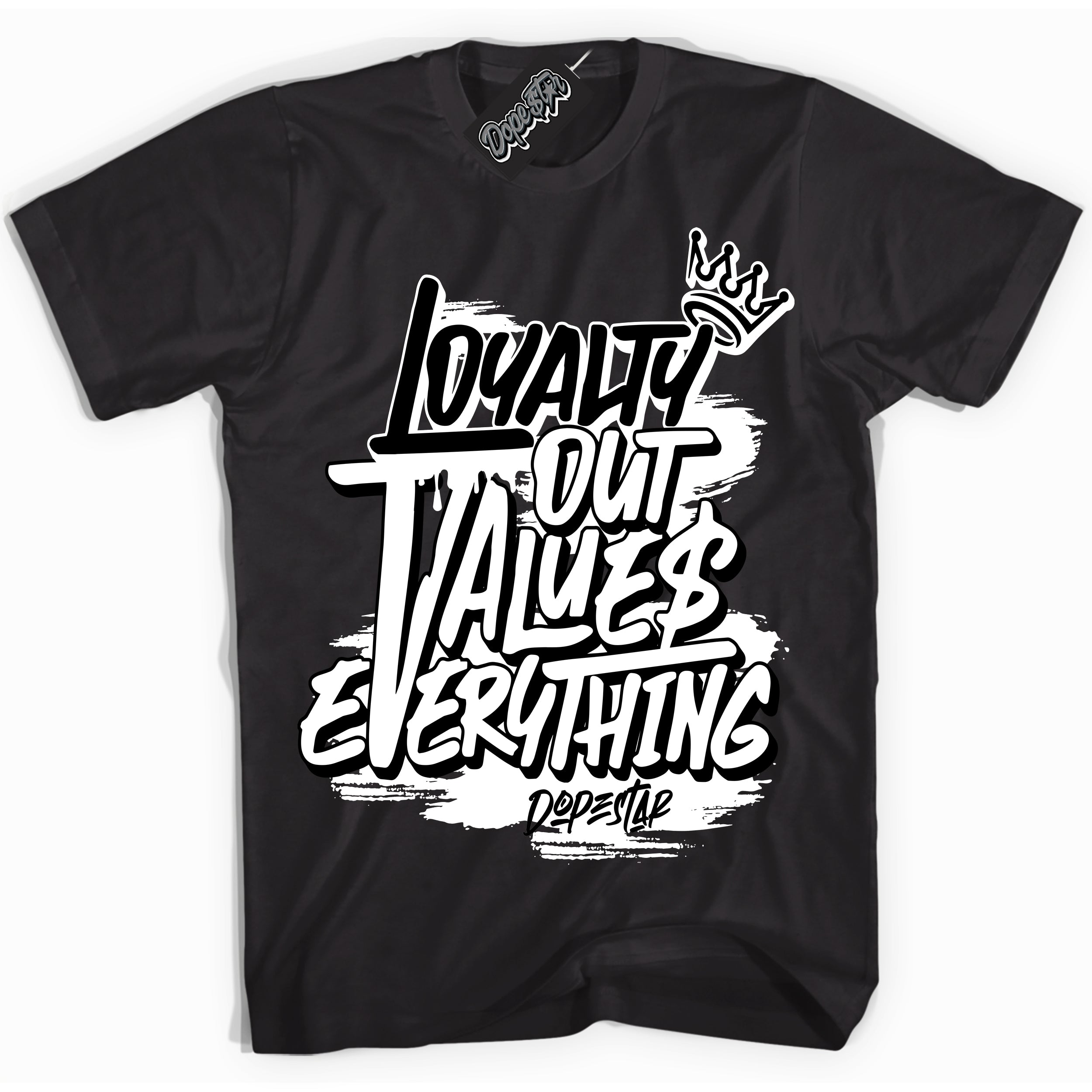 Cool Black Shirt with “Loyalty Out Values Everything” design that perfectly matches the White Thunder 4s Jordans.