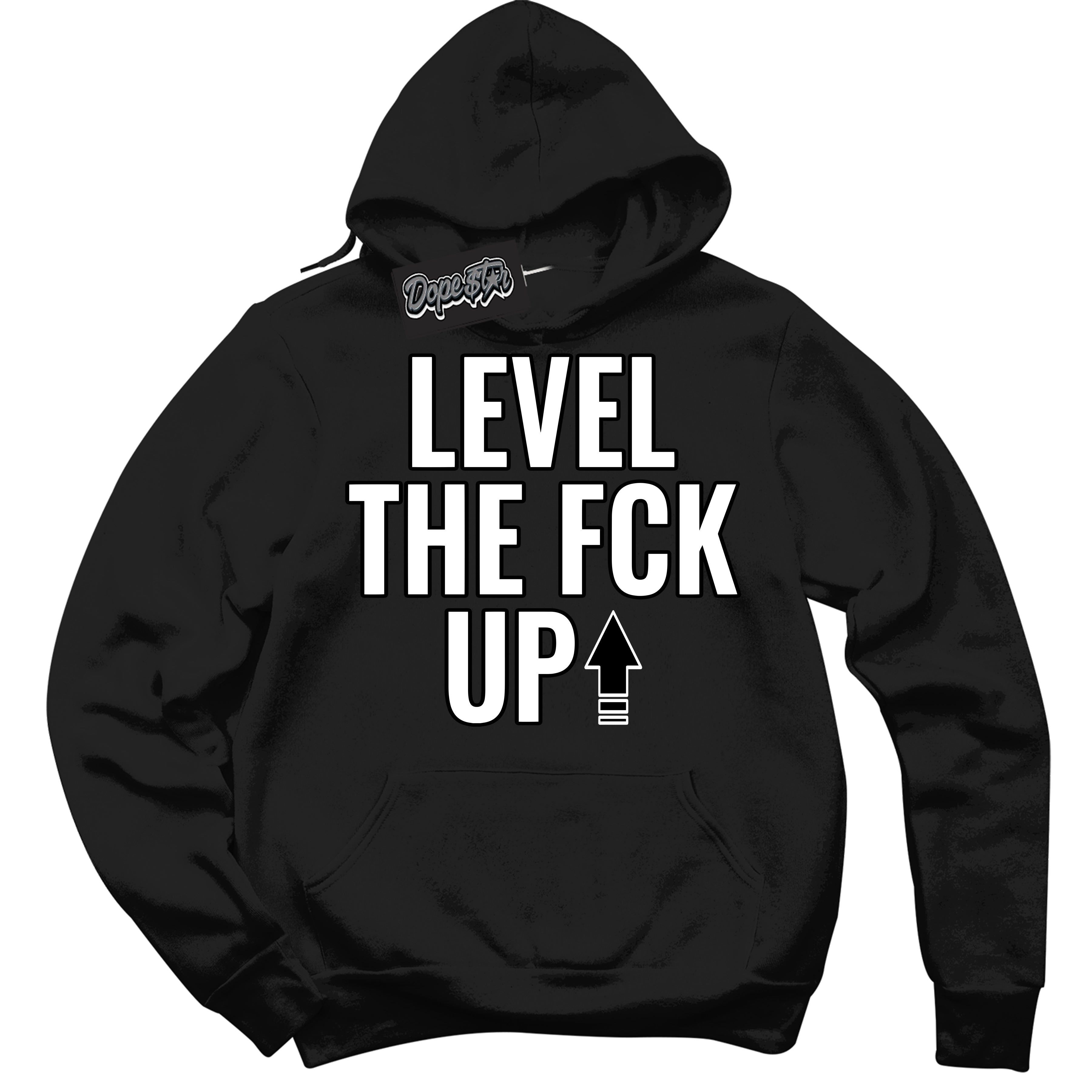 Cool Black Hoodie with “Level The Fck Up” design that Perfectly Matches White Thunder 4s Jordans.