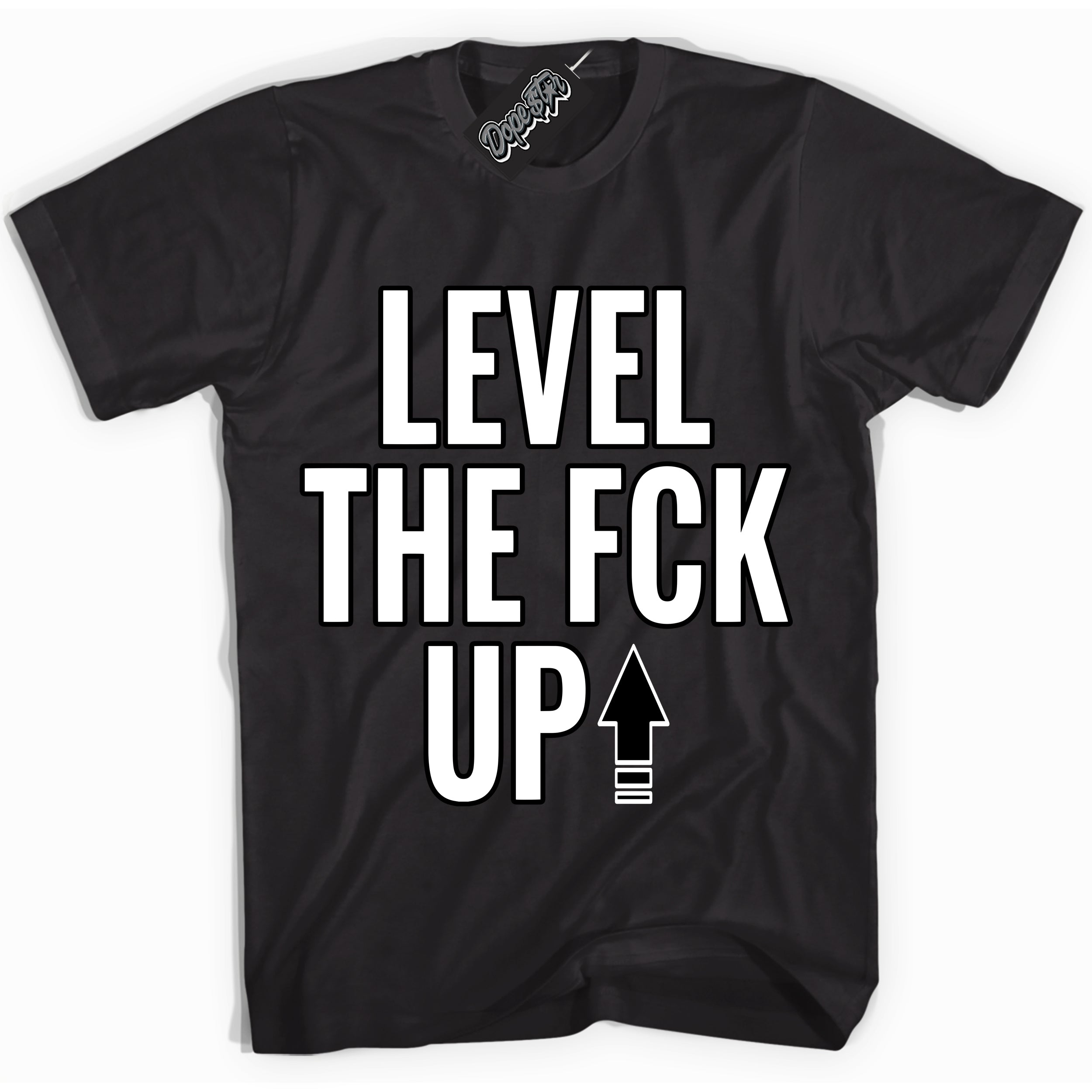 Cool Black Shirt with “Level The Fck Up” design that perfectly matches the White Thunder 4s Jordans.