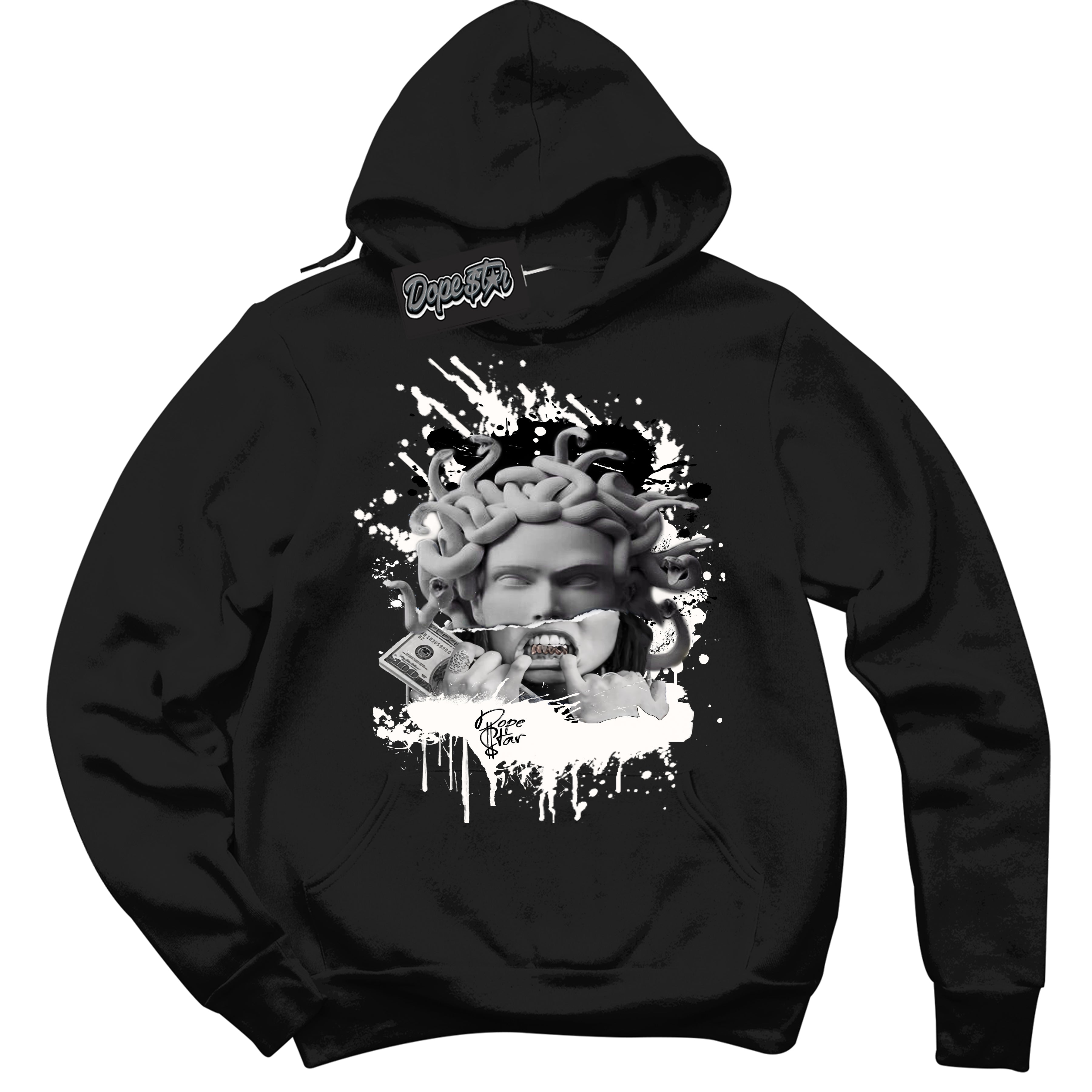 Cool Black Hoodie with “Medusa” design that Perfectly Matches White Thunder 4s Jordans.