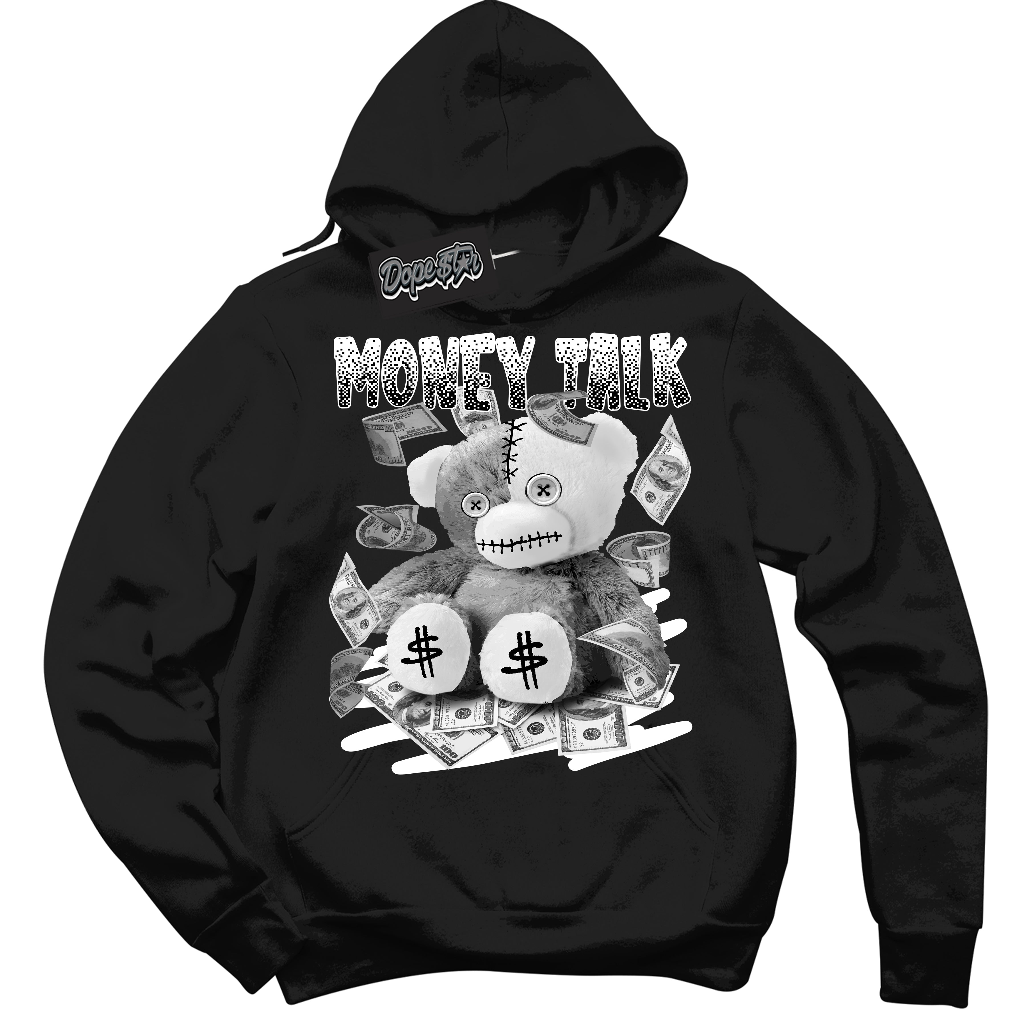 Cool Black Hoodie with “Money Talk Bear” design that Perfectly Matches White Thunder 4s Jordans.