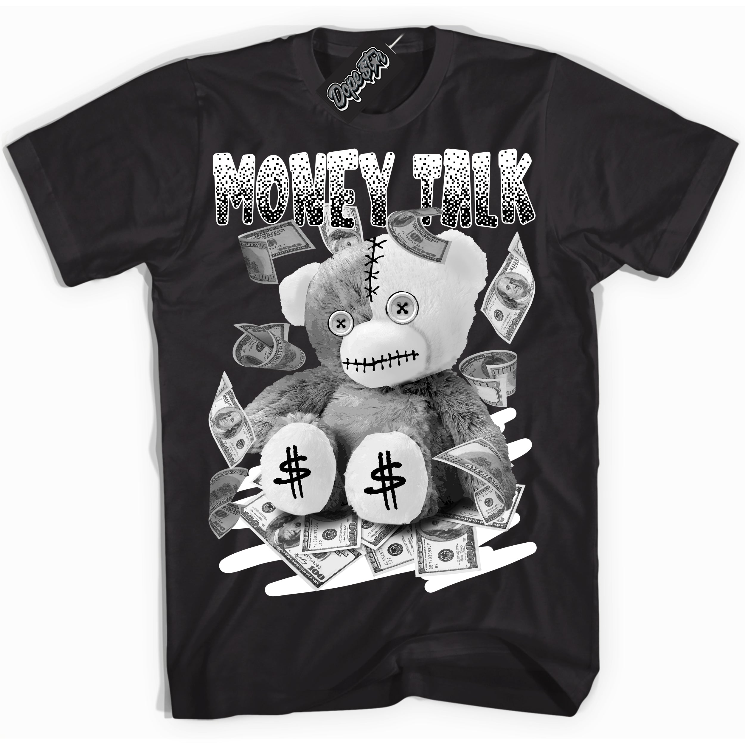 Cool Black Shirt with “Money Talk Bear” design that perfectly matches the White Thunder 4s Jordans.