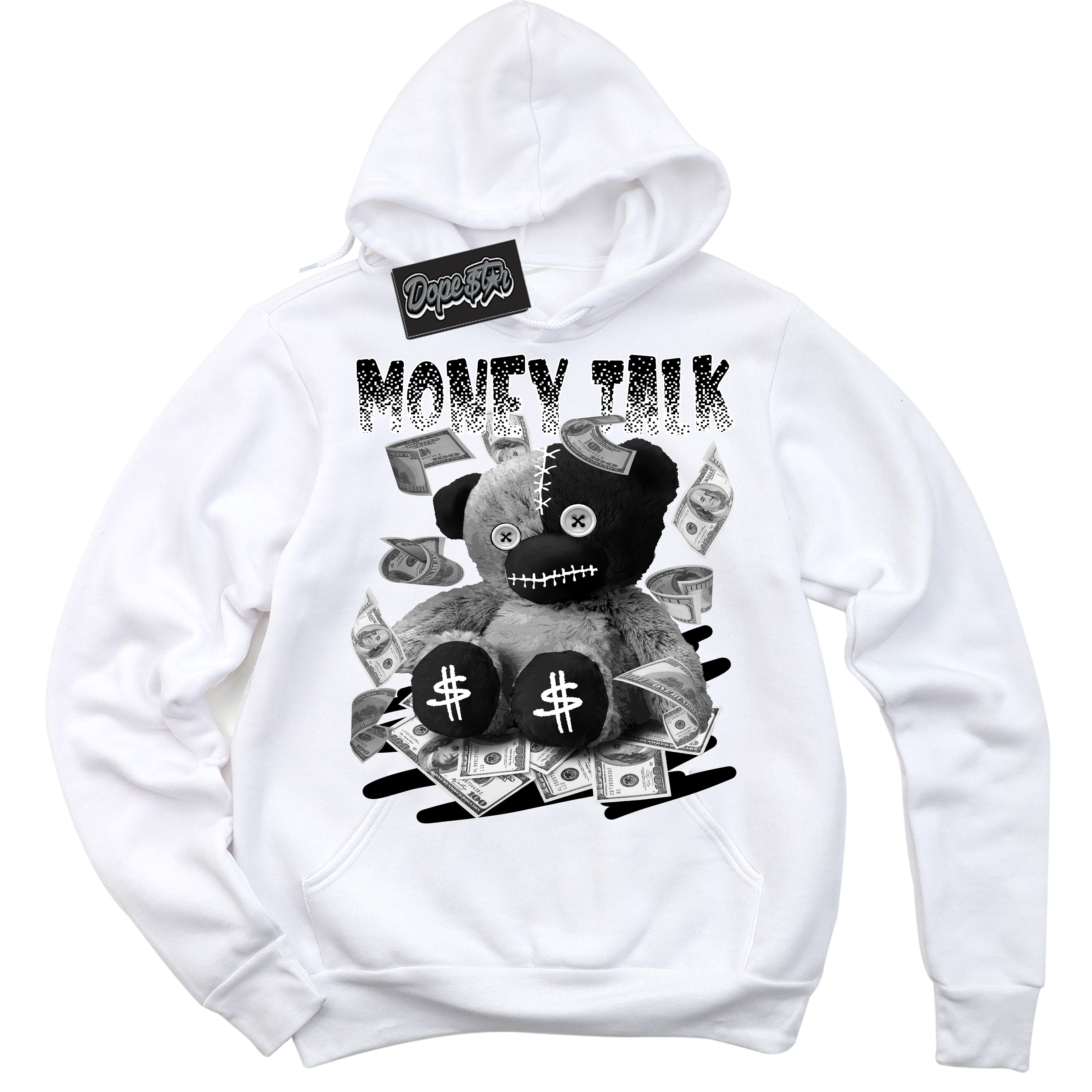 Cool White Hoodie with “Money Talk Bear” design that Perfectly Matches White Thunder 4s Jordans.