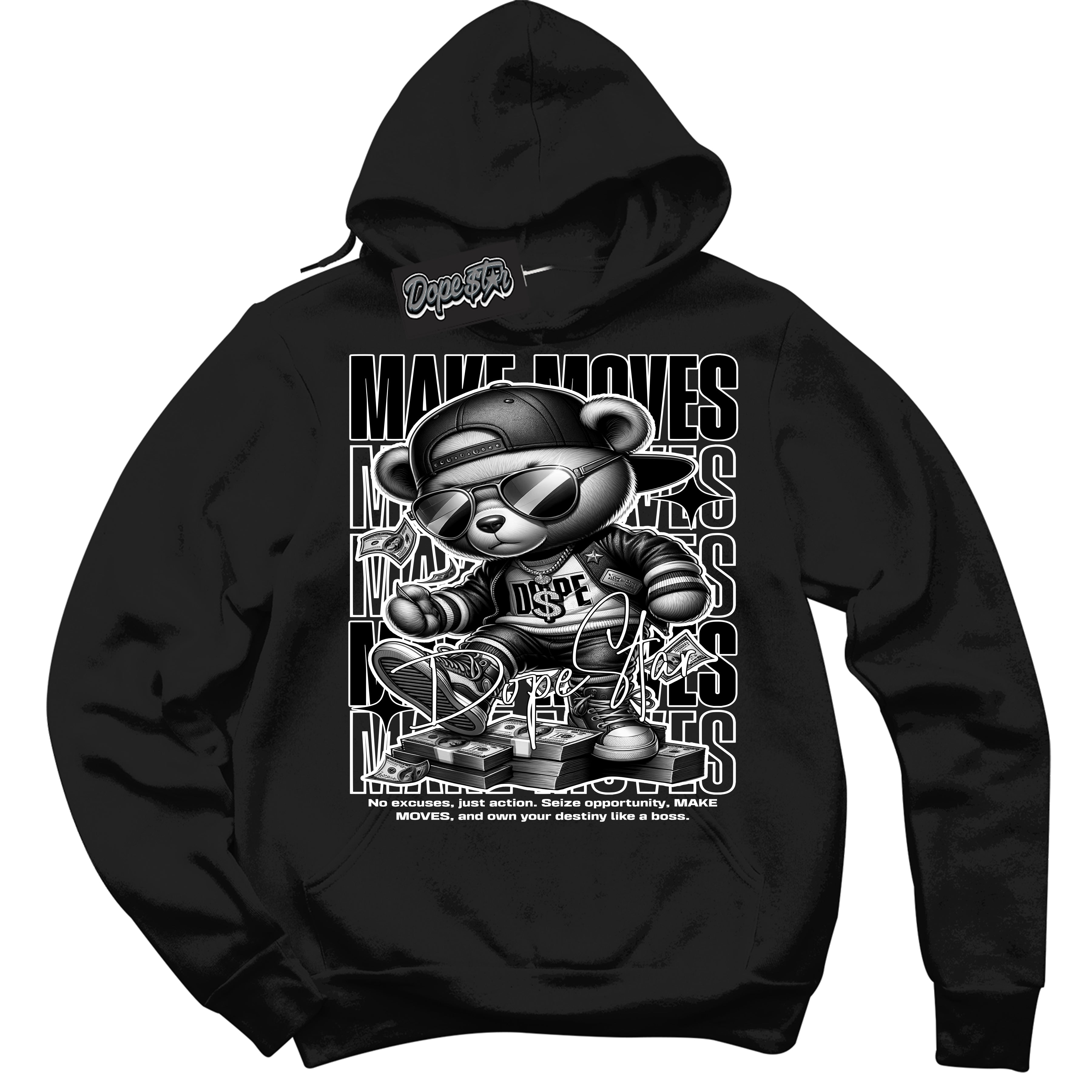 Cool Black Hoodie with “Make Moves” design that Perfectly Matches White Thunder 4s Jordans.