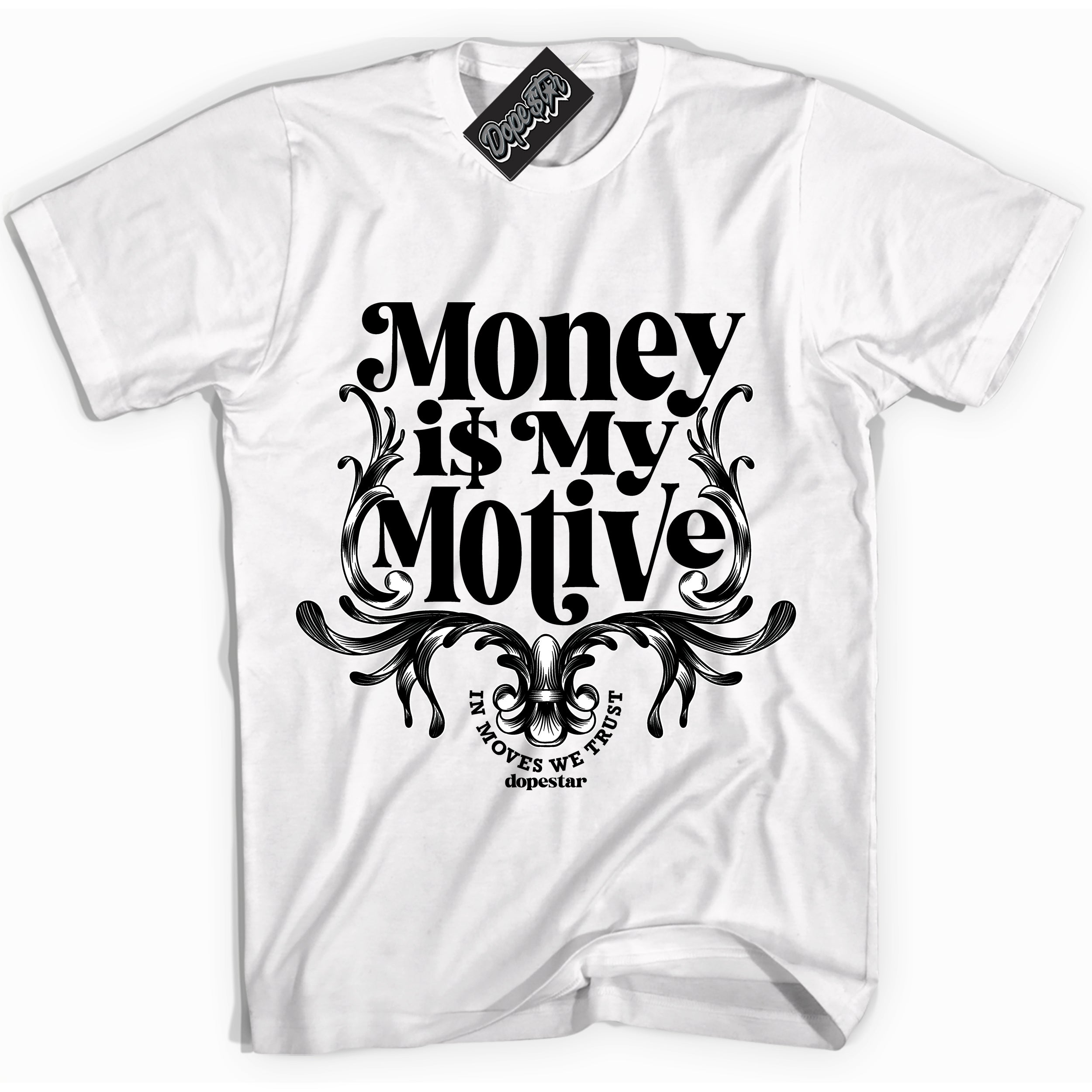 Cool White Shirt with “Money Is My Motive” design that perfectly matches the White Thunder 4s Sneakers.