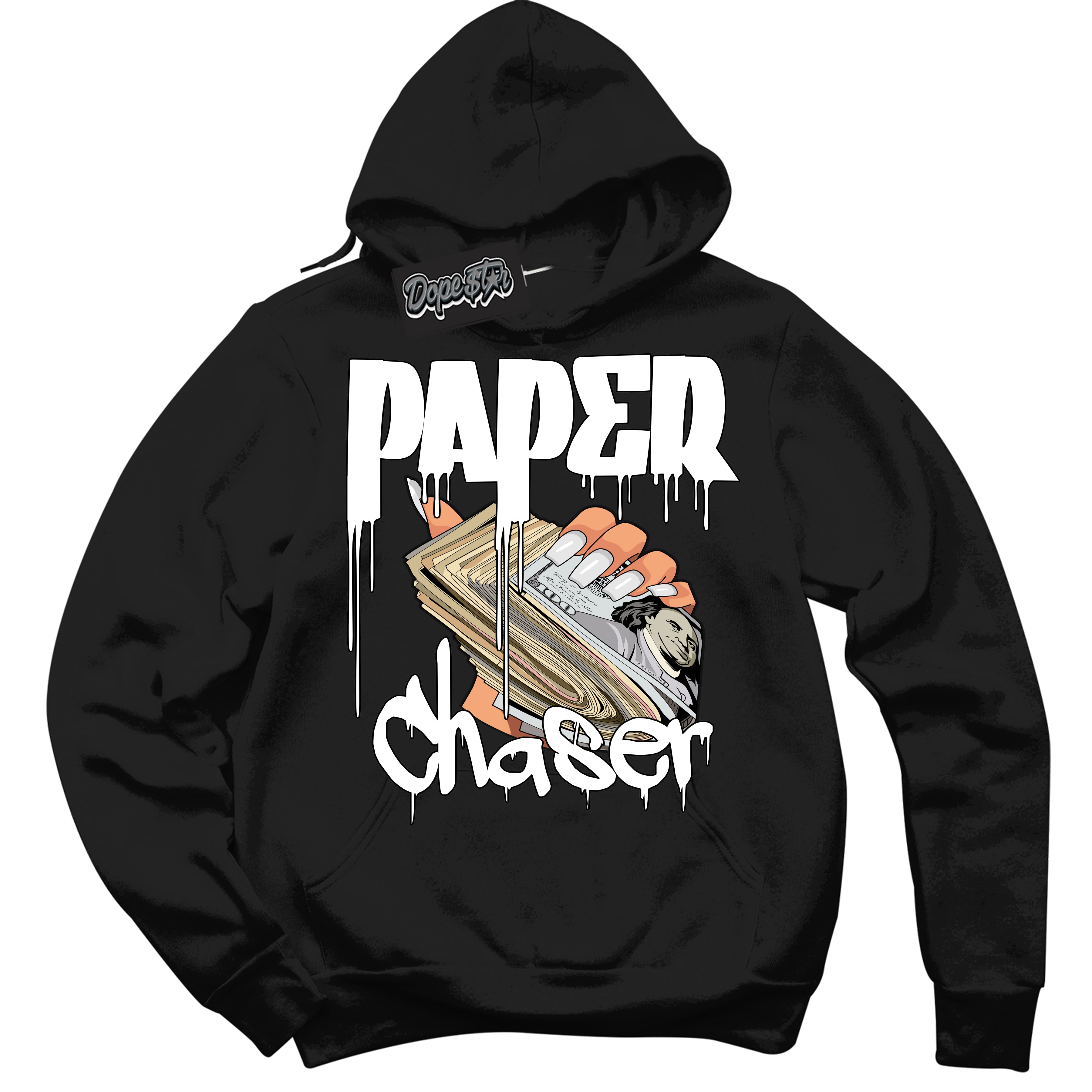 Cool Black Hoodie with “Paper Chaser” design that Perfectly Matches White Thunder 4s Jordans.