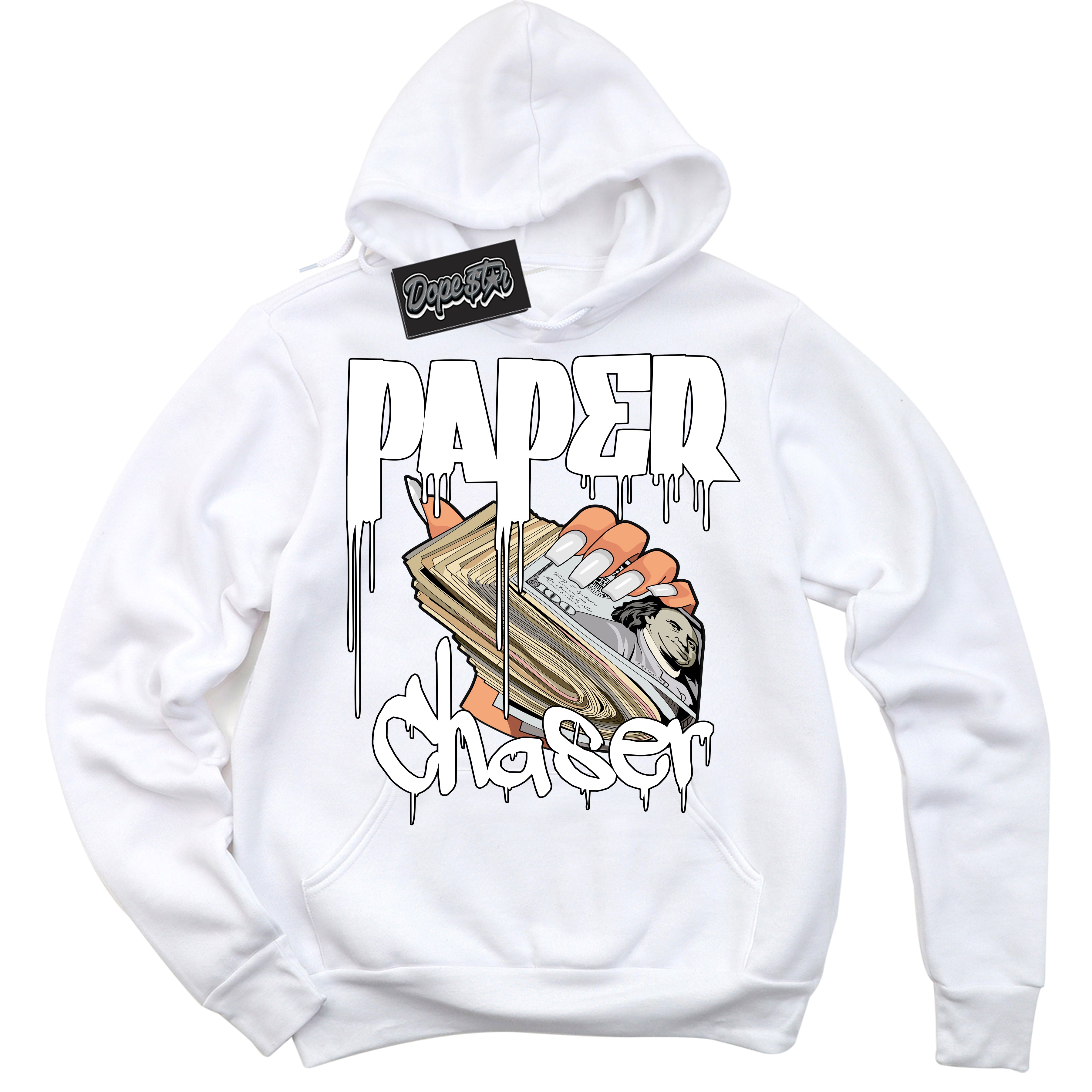 Cool White Hoodie with “Paper Chaser” design that Perfectly Matches White Thunder 4s Jordans.