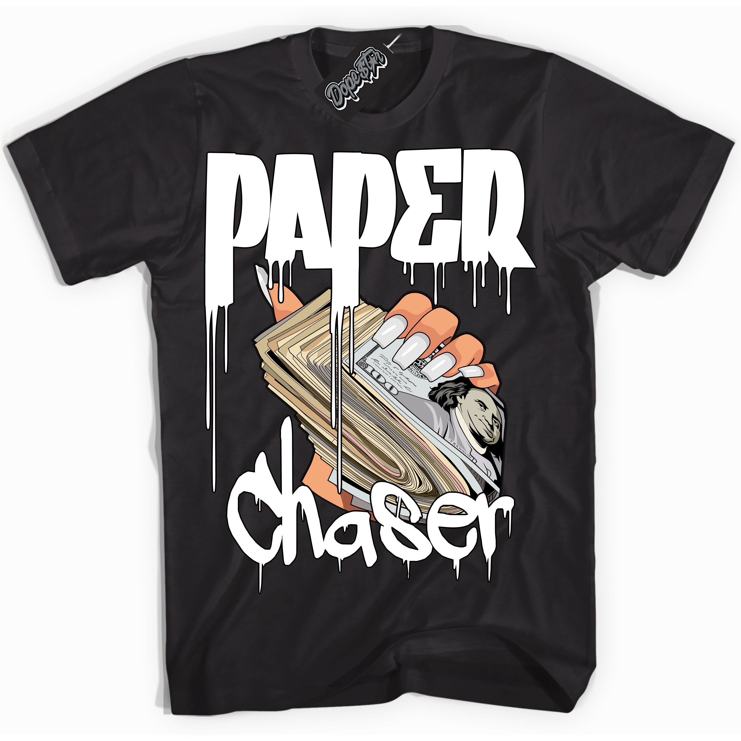 Cool Black Shirt with “Paper Chaser” design that perfectly matches the White Thunder 4s Jordans.