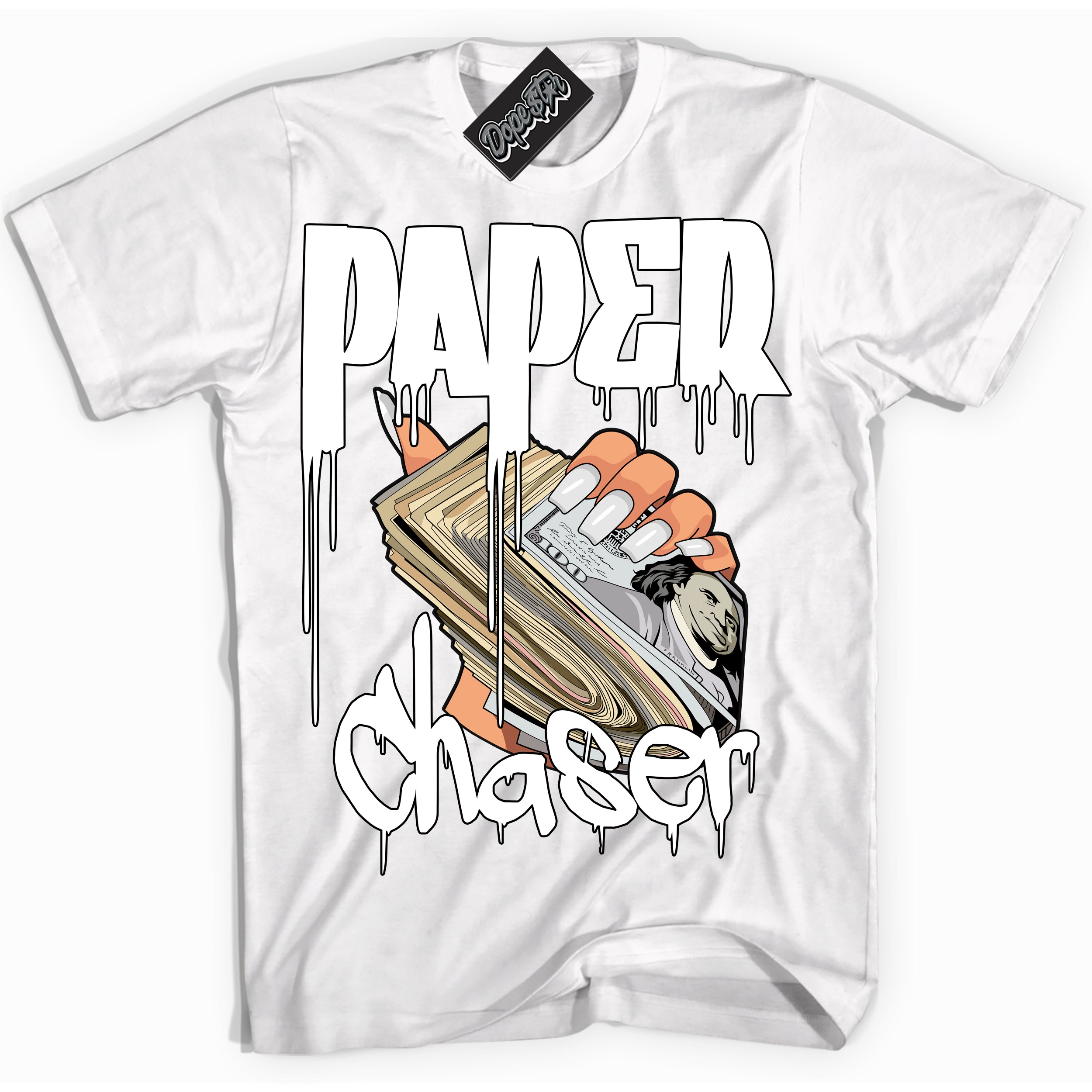 Cool White Shirt with “Paper Chaser” design that perfectly matches the White Thunder 4s Jordans.