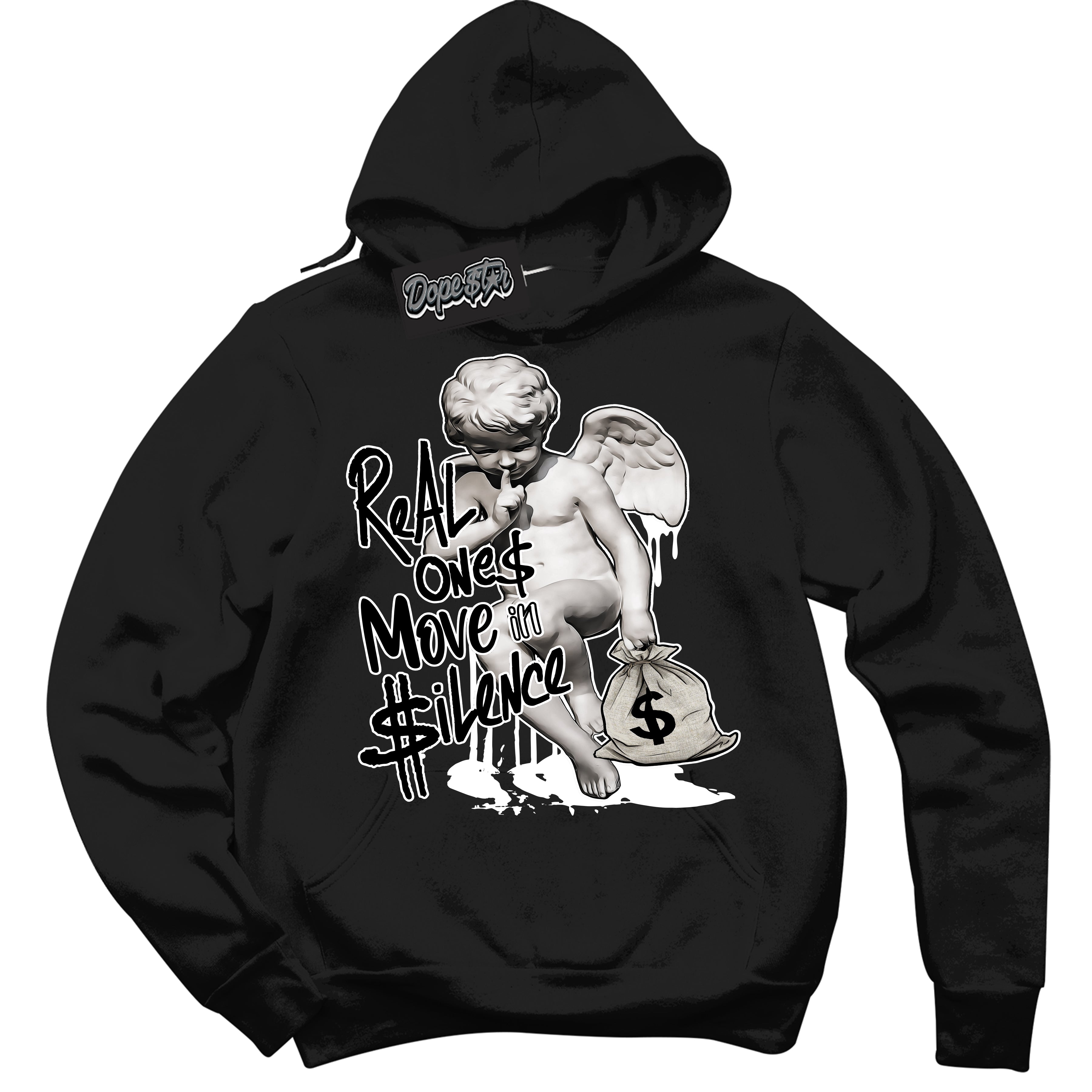 Cool Black Hoodie with “Real Ones Cherub” design that Perfectly Matches White Thunder 4s Jordans.