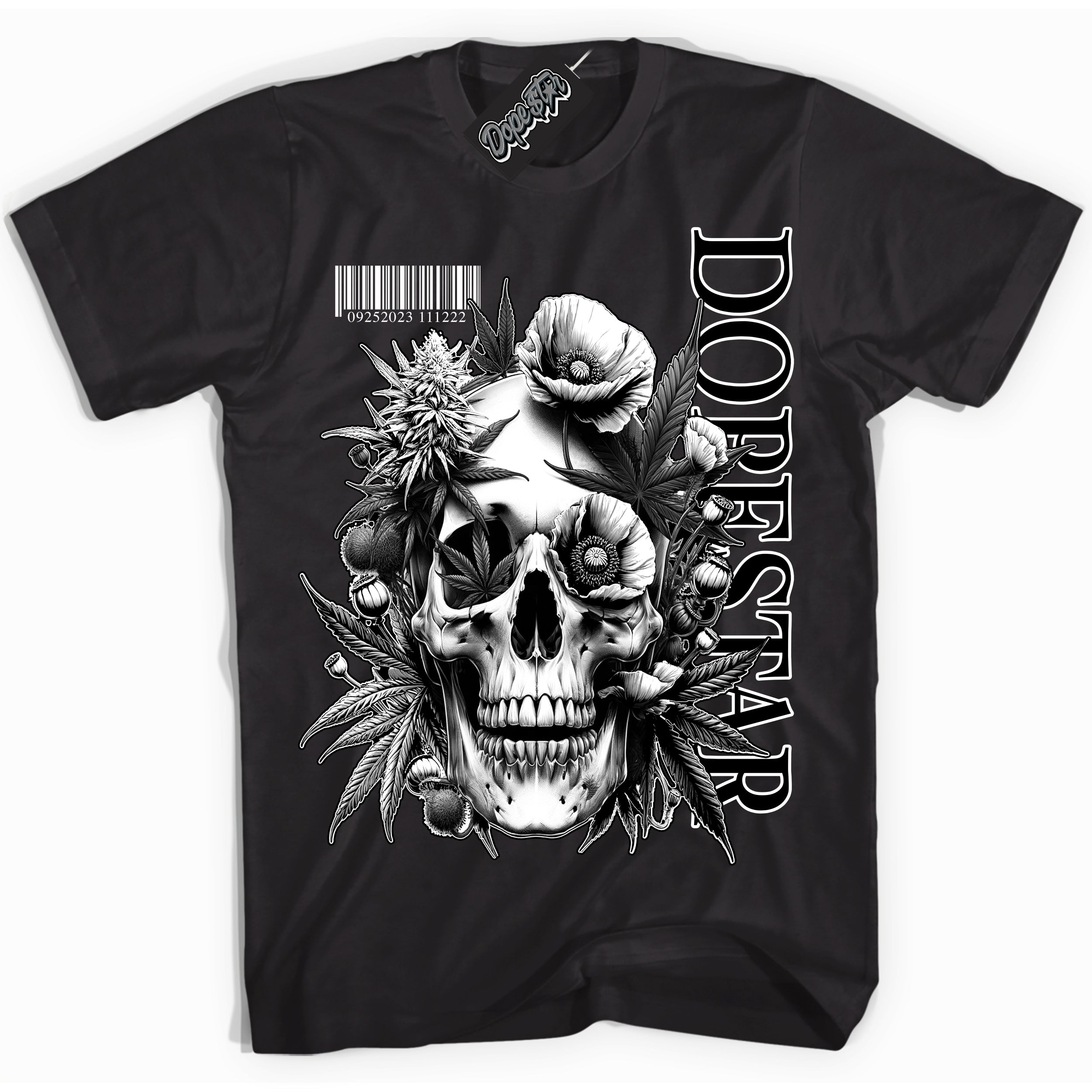 Cool Black Shirt with “Skull Poppies” design that perfectly matches the White Thunder 4s Jordans.