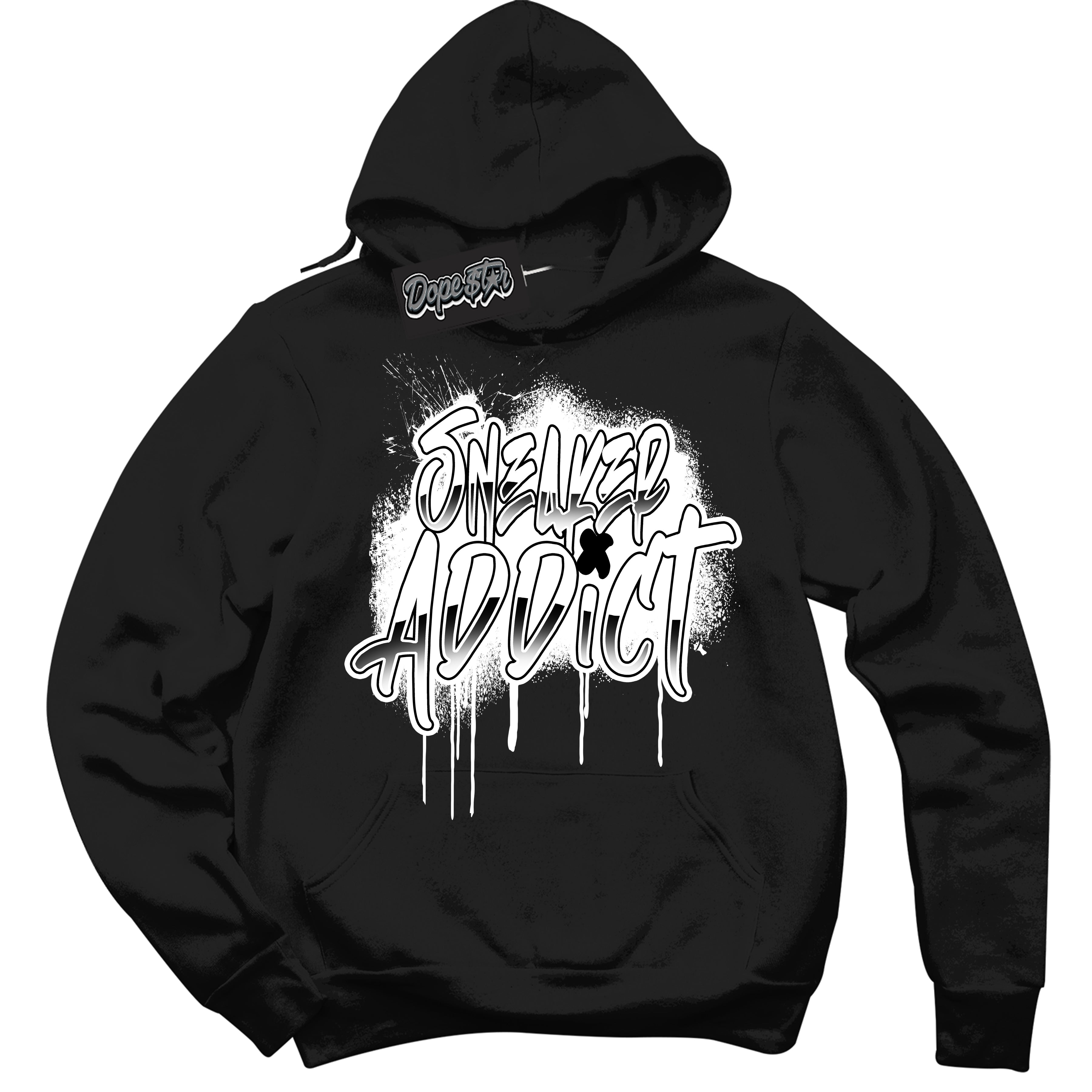 Cool Black Hoodie with “Sneaker Addict” design that Perfectly Matches White Thunder 4s Jordans.