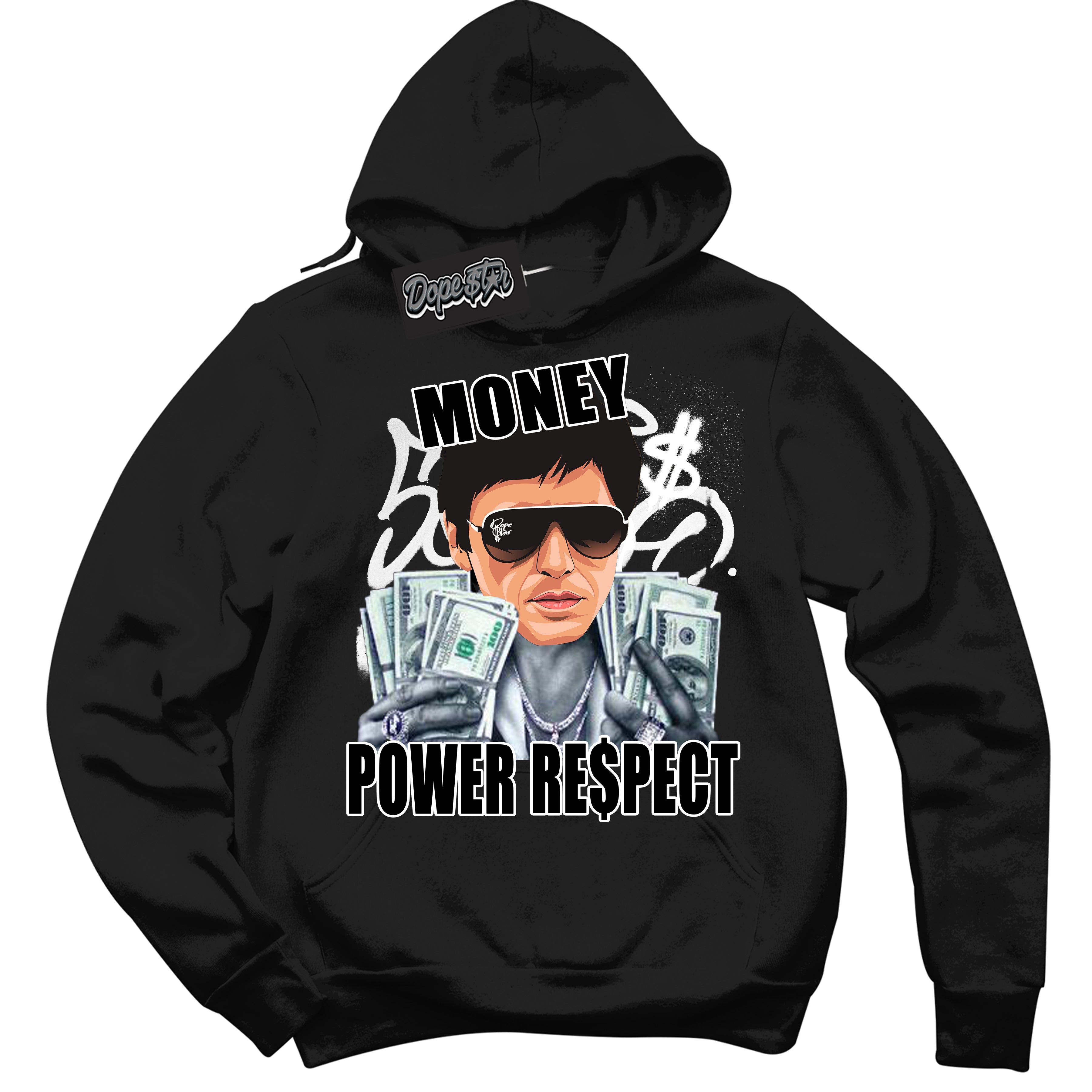 Cool Black Hoodie with “Tony Montana” design that Perfectly Matches White Thunder 4s Jordans.