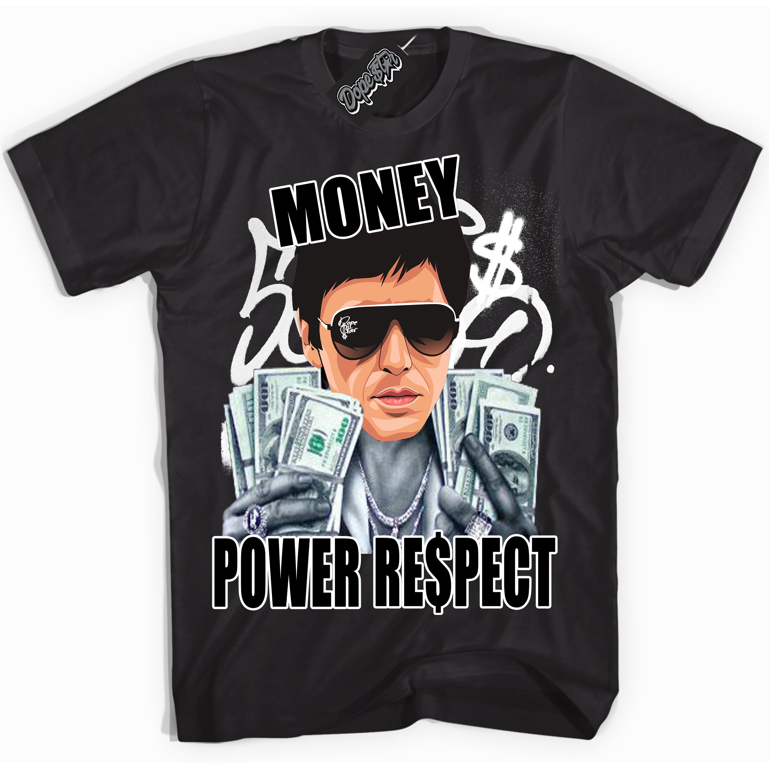 Cool Black Shirt with “Tony Montana” design that perfectly matches the White Thunder 4s Jordans.