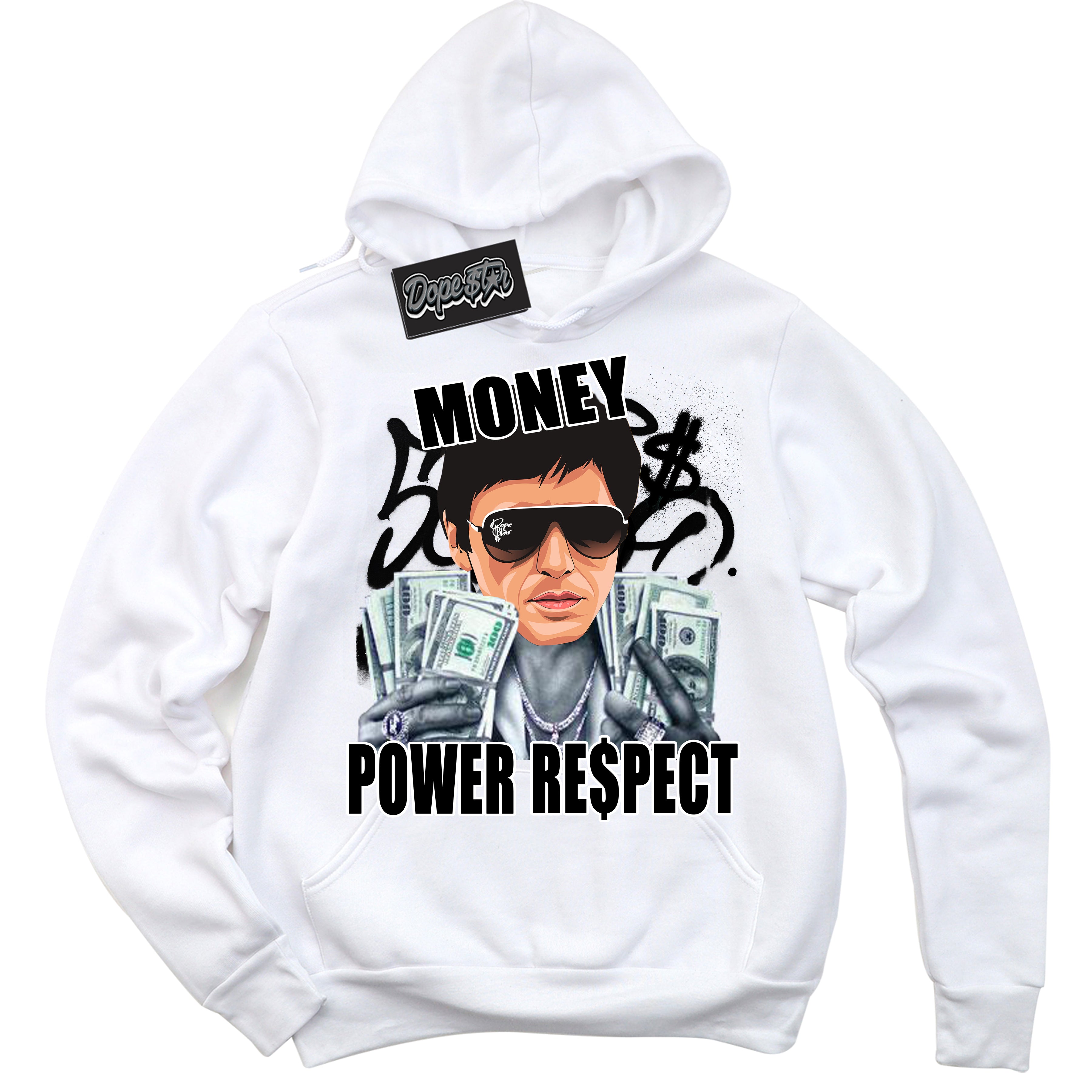 Cool White Hoodie with “Tony Montana” design that Perfectly Matches White Thunder 4s Jordans.