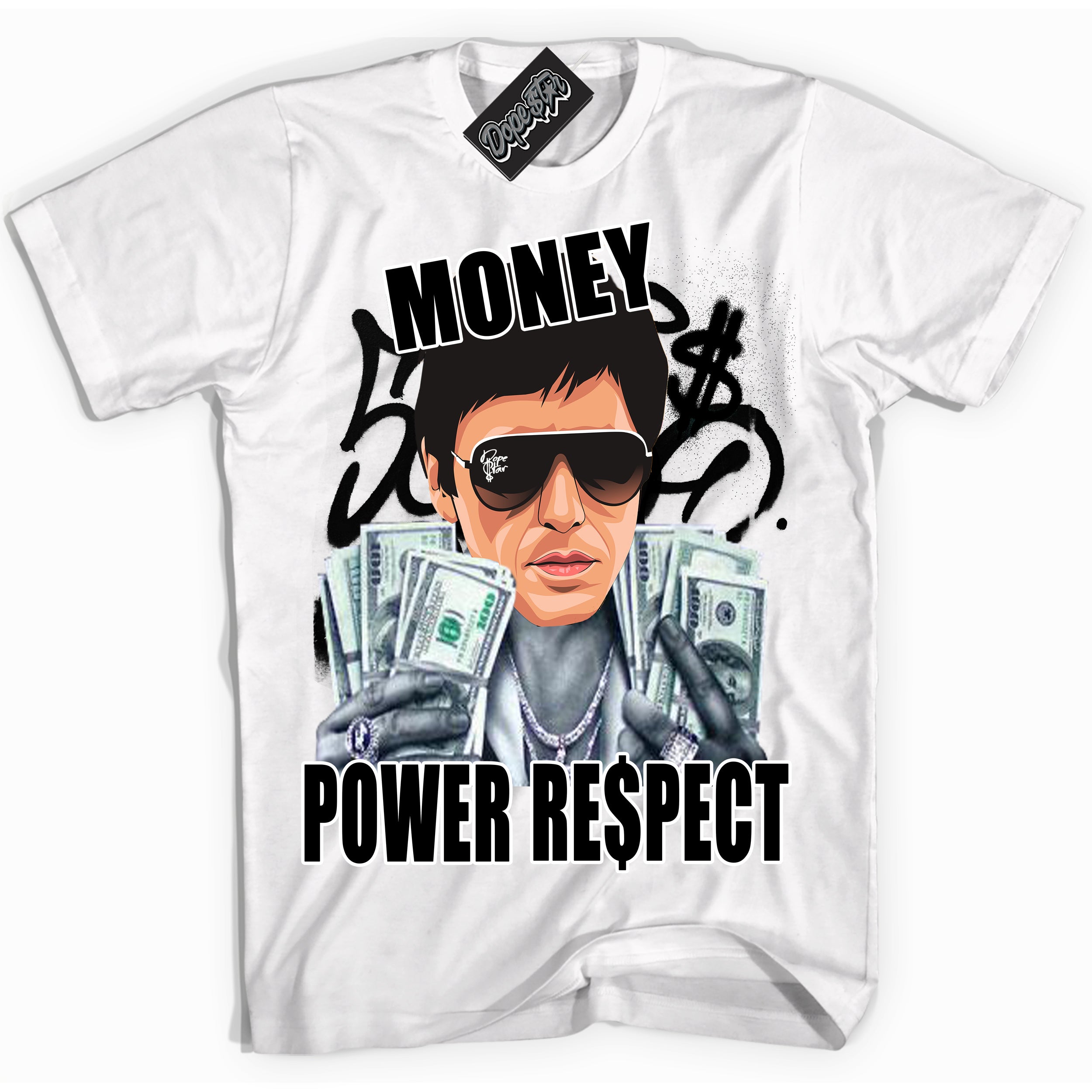 Cool White Shirt with “Tony Montana” design that perfectly matches the White Thunder 4s Jordans.