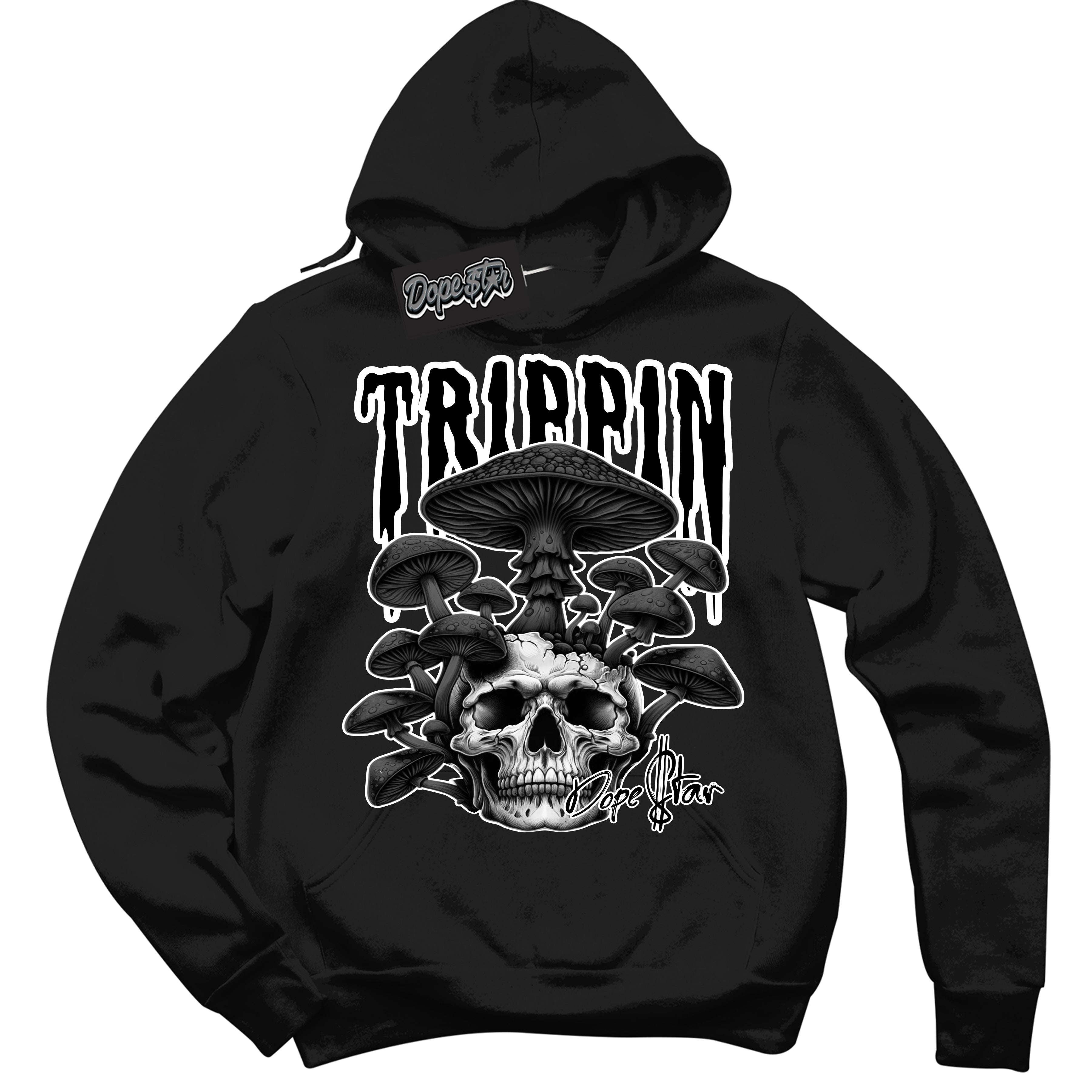 Cool Black Hoodie with “Trippin” design that Perfectly Matches White Thunder 4s Jordans.