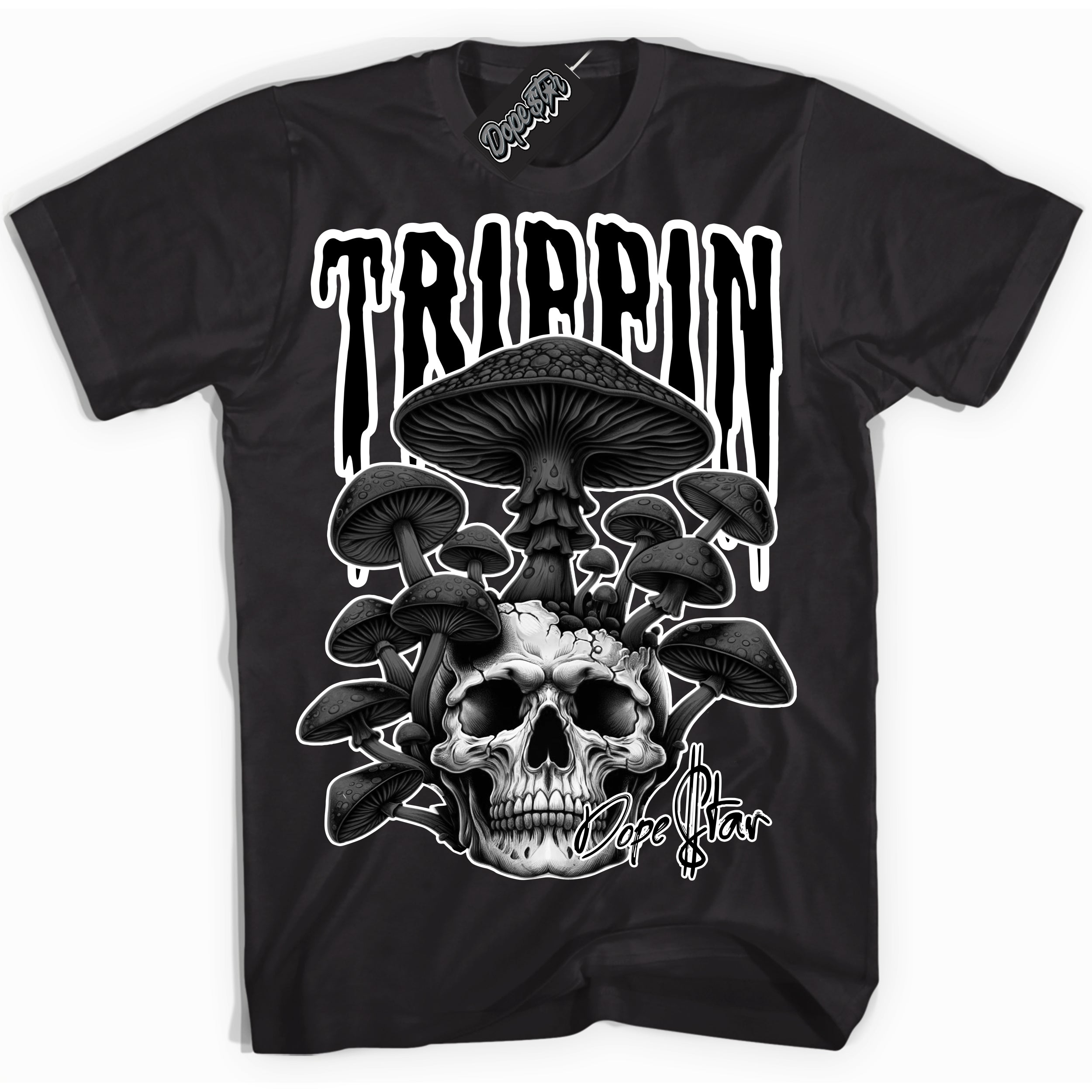 Cool Black Shirt with “Trippin” design that perfectly matches the White Thunder 4s Jordans.