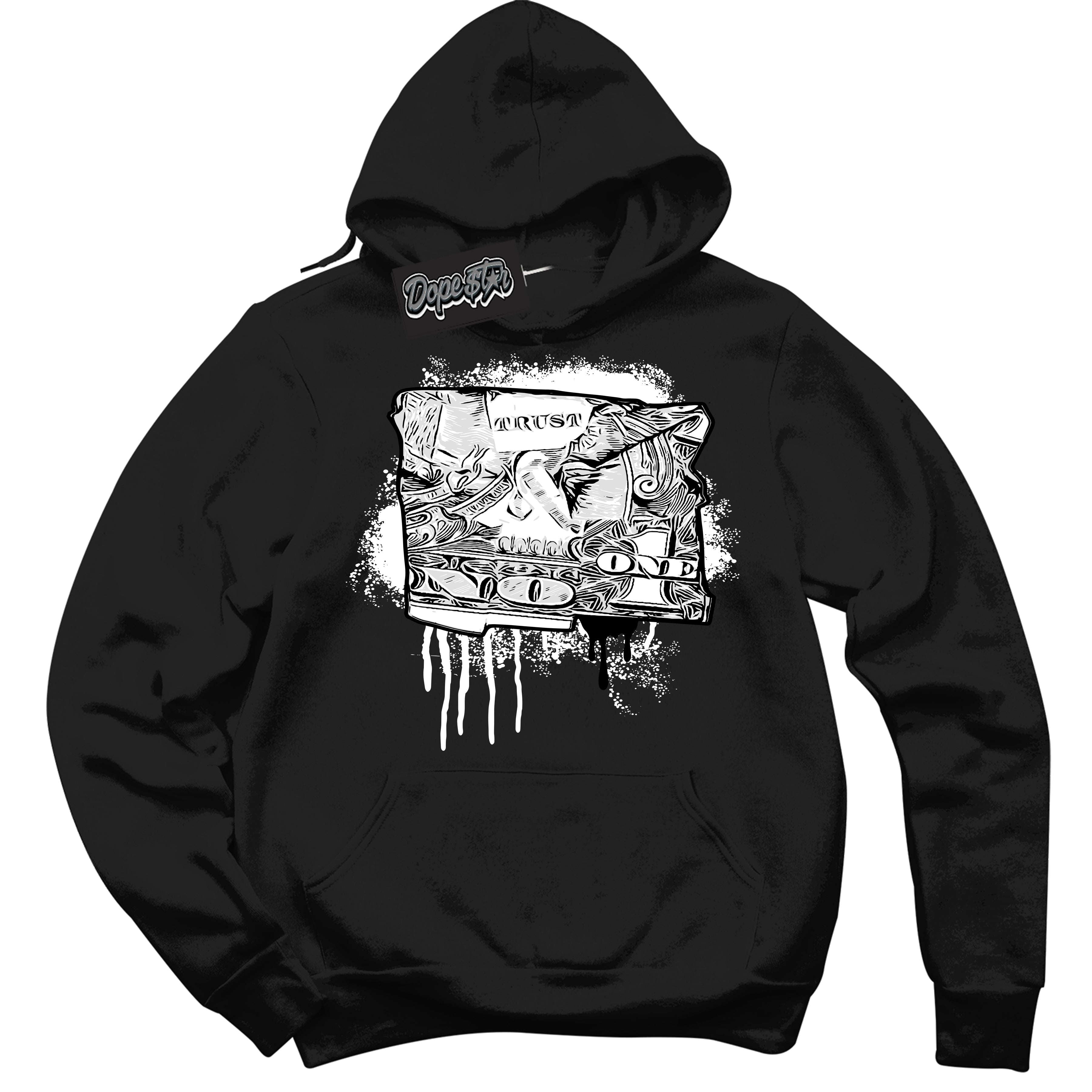 Cool Black Hoodie with “Trust No One Dollar” design that Perfectly Matches White Thunder 4s Jordans.