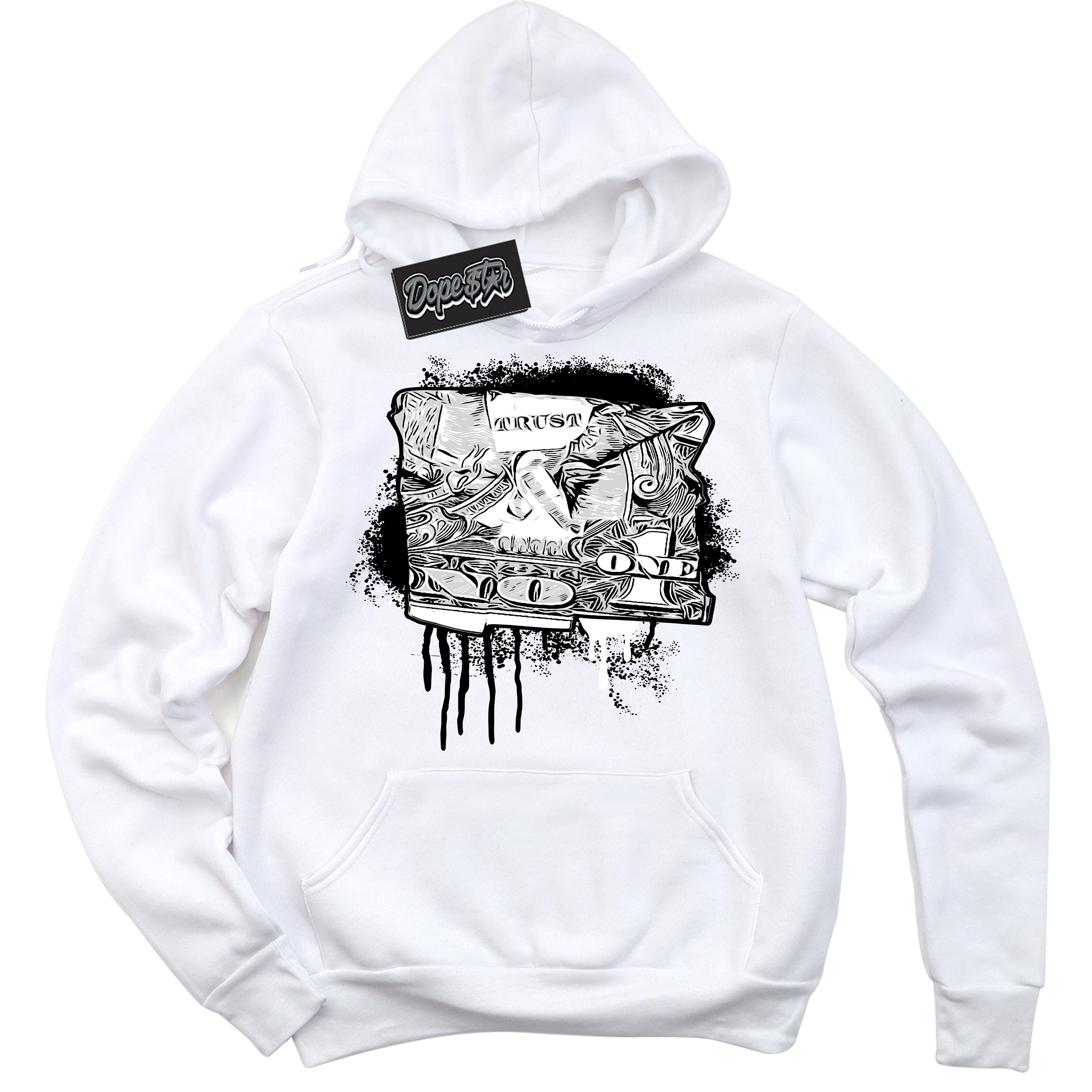 Cool White Hoodie with “Trust No One Dollar” design that Perfectly Matches White Thunder 4s Jordans.