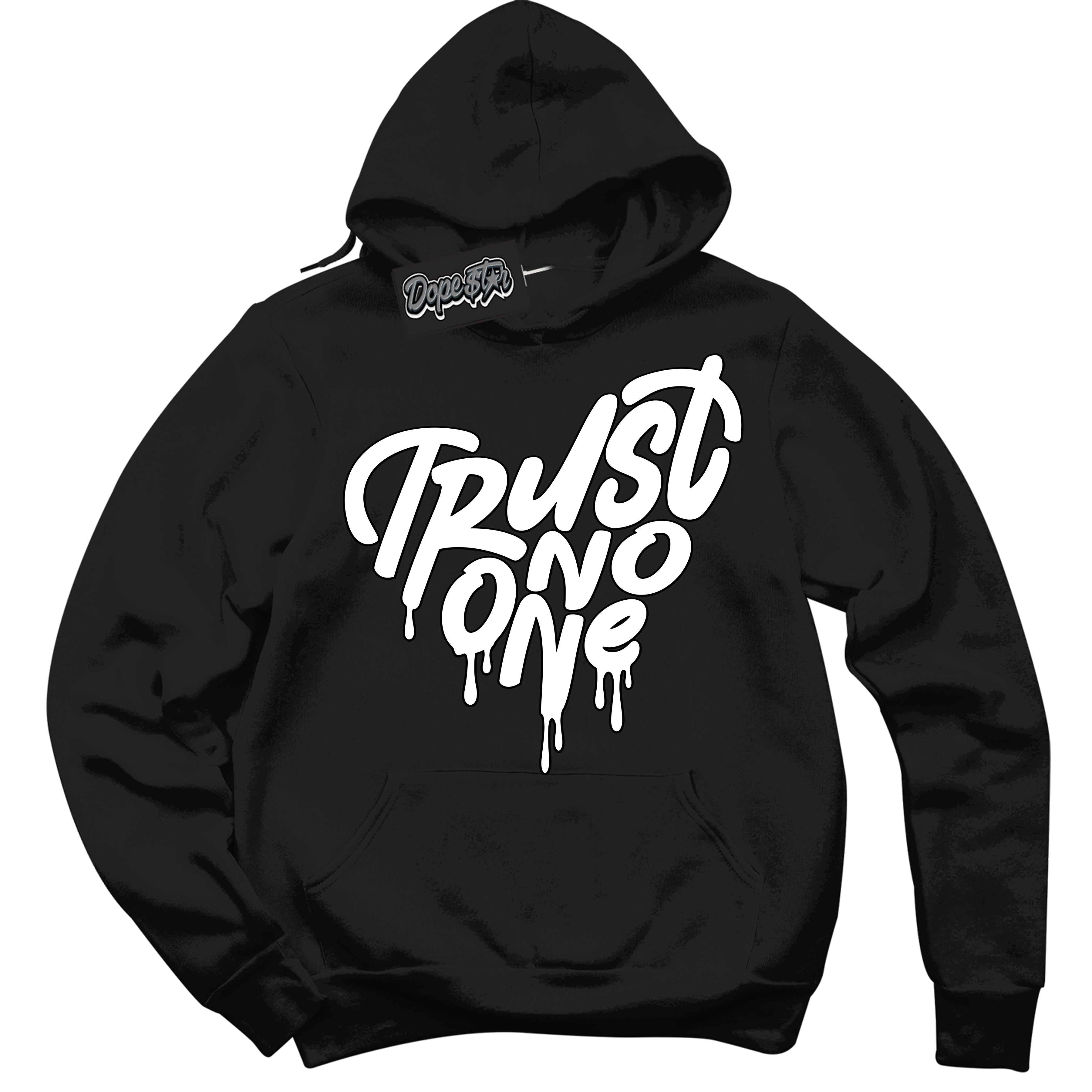 Cool Black Hoodie with “Trust No One Heart” design that Perfectly Matches White Thunder 4s Jordans.