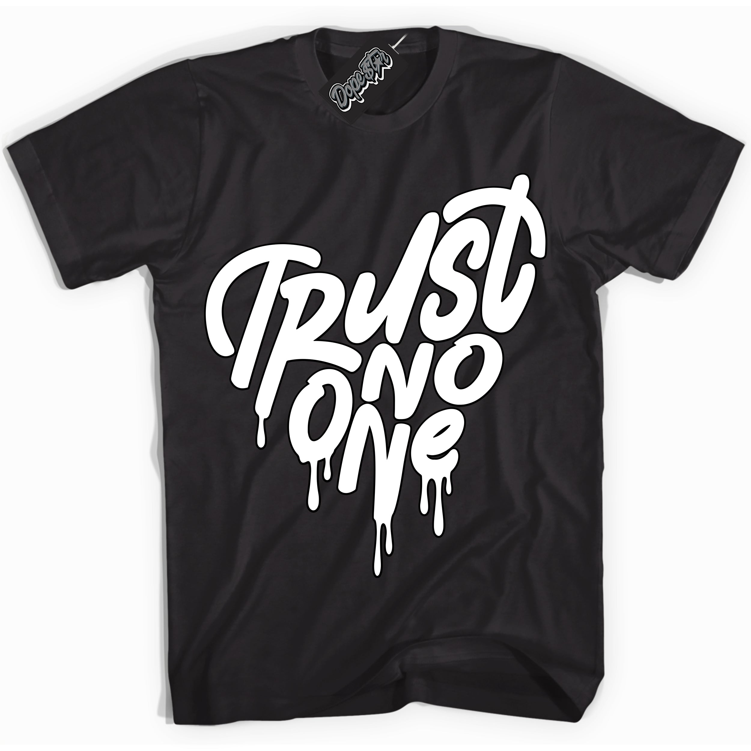 Cool Black Shirt with “Trust No One Heart” design that perfectly matches the White Thunder 4s Jordans.