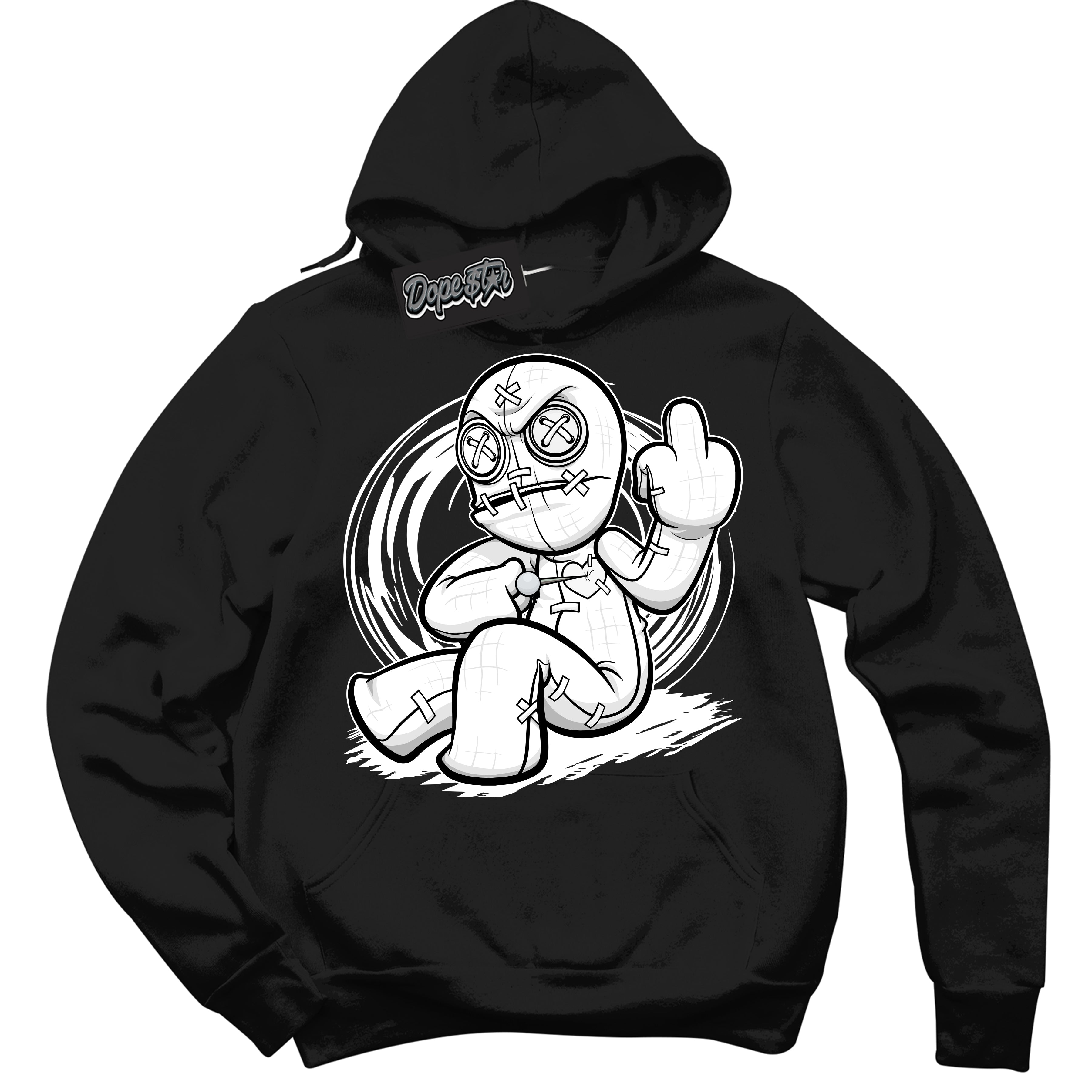 Cool Black Hoodie with “Voodoo Doll” design that Perfectly Matches White Thunder 4s Jordans.