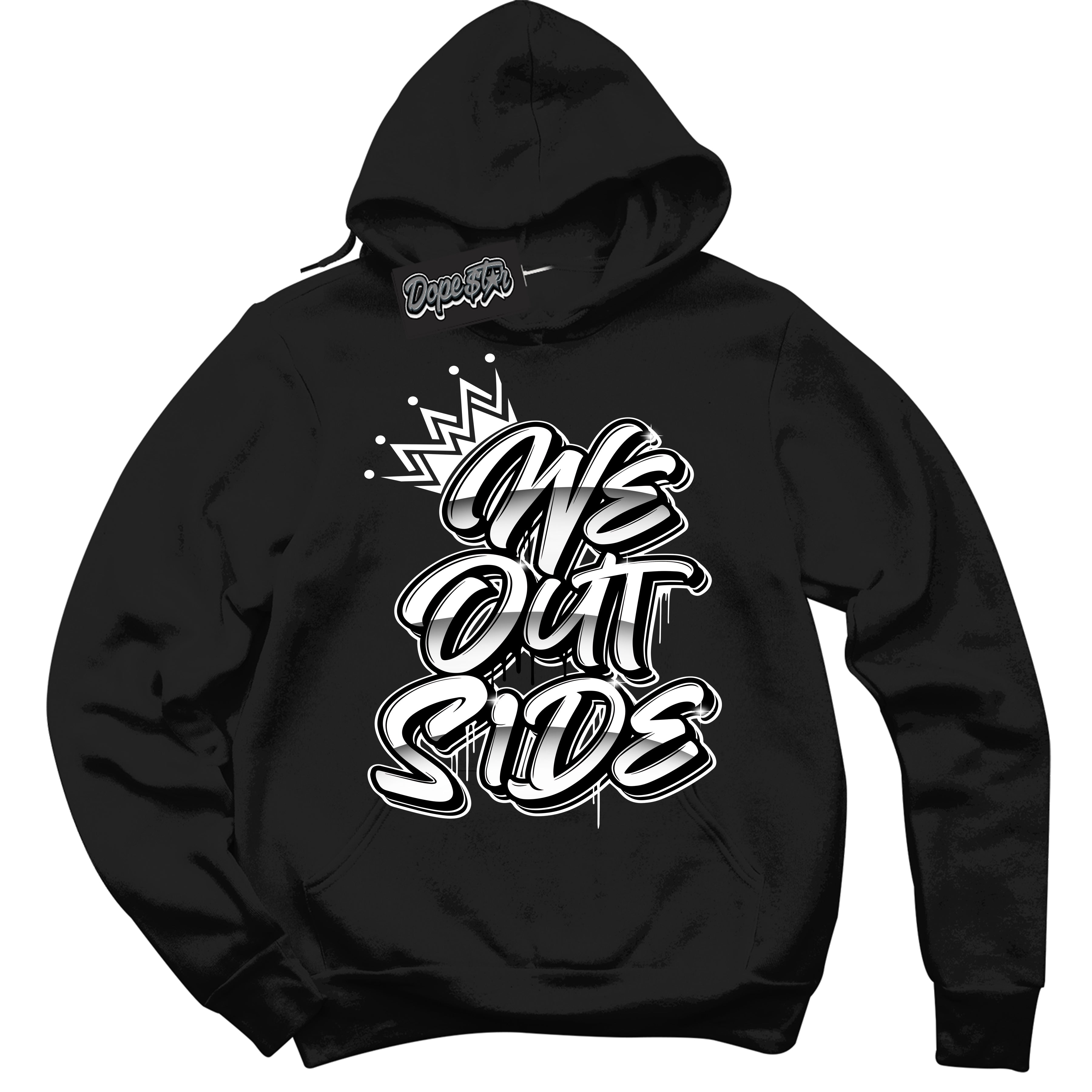 Cool Black Hoodie with “We Outside” design that Perfectly Matches White Thunder 4s Jordans.