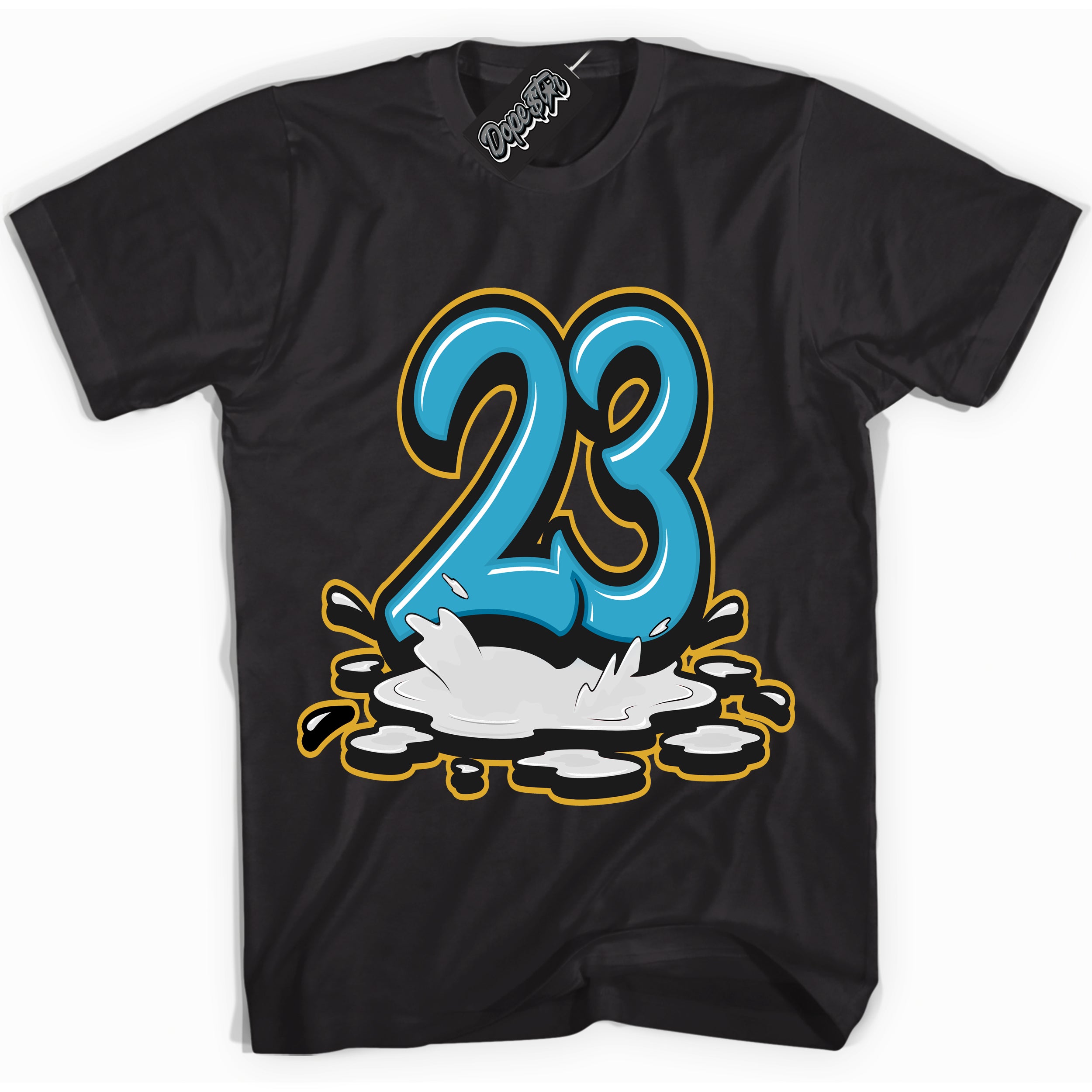 Cool Black Shirt with “ 23 Melting” design that perfectly matches Aqua 5s Sneakers.