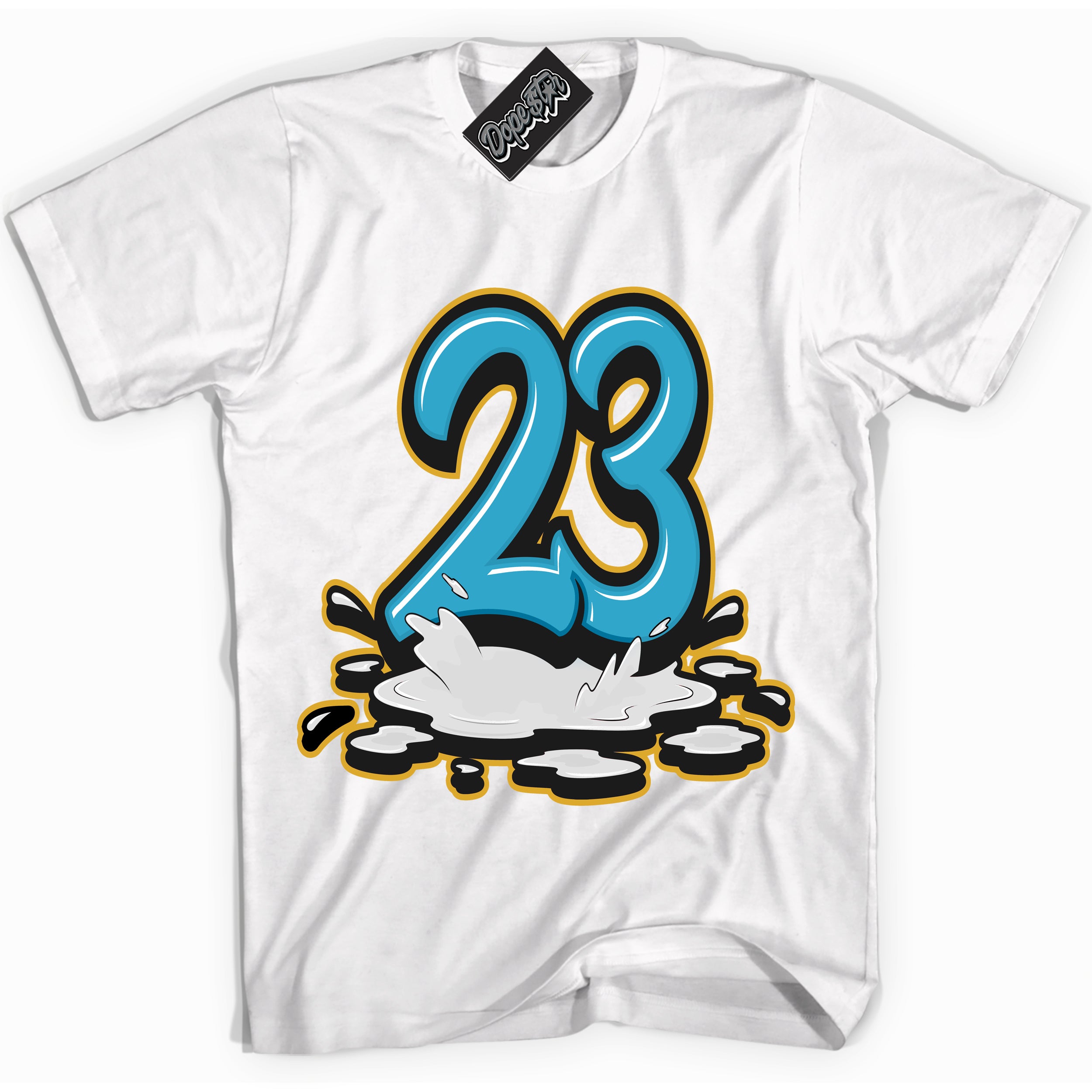 Cool White Shirt with “ 23 Melting” design that perfectly matches Aqua 5s Sneakers.