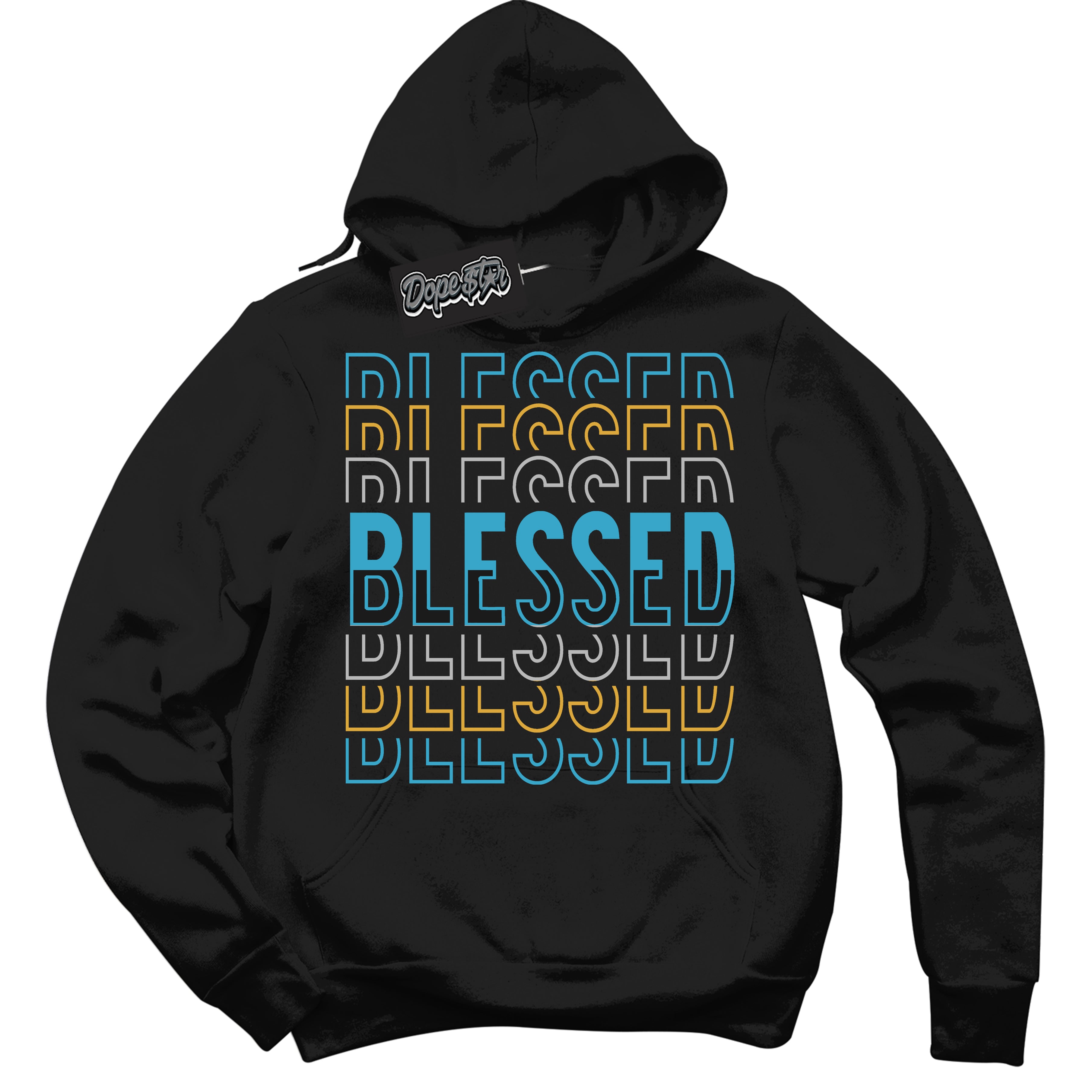 Cool Black Hoodie with “ Blessed Stacked ”  design that Perfectly Matches Aqua 5s Sneakers.