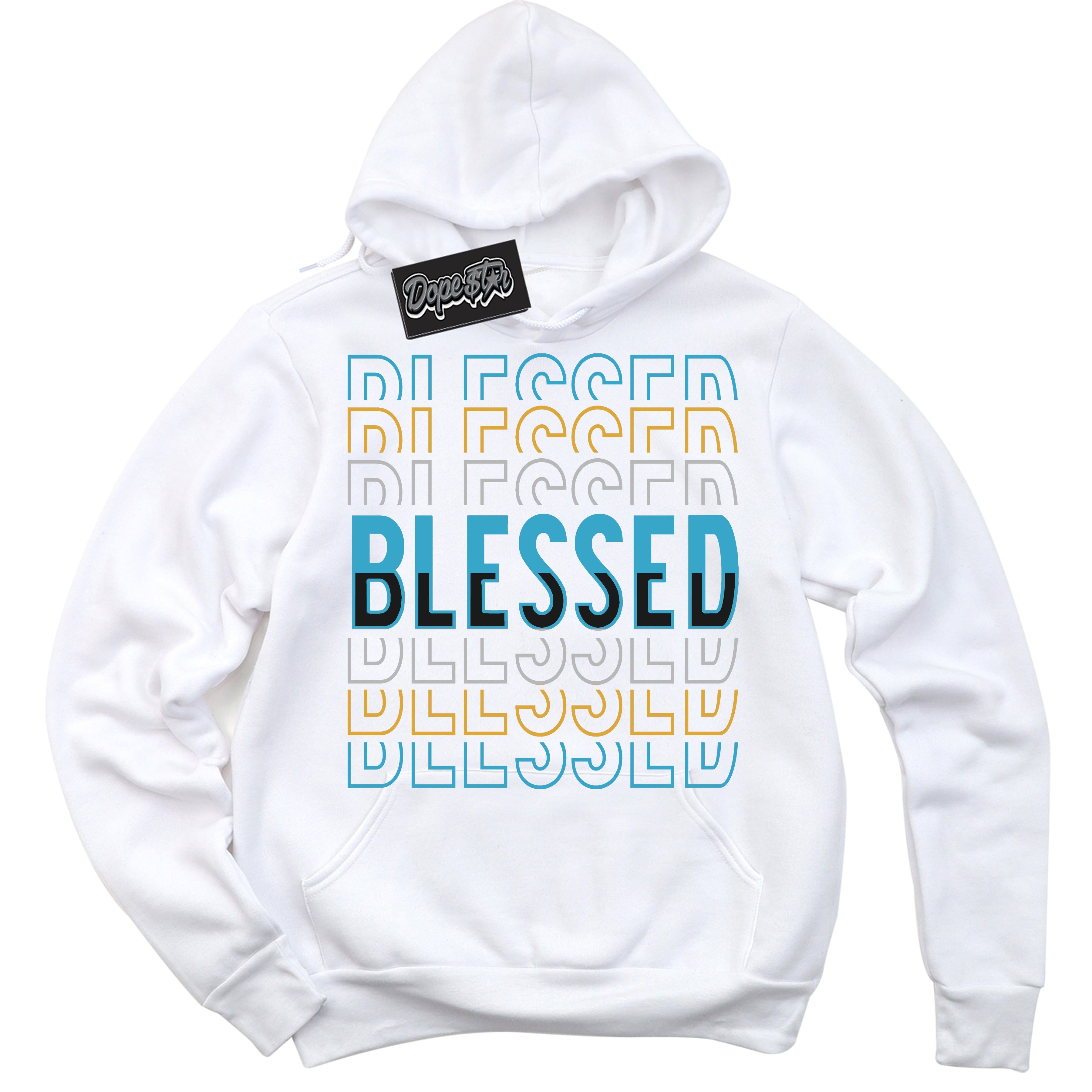 Cool White Hoodie with “ Blessed Stacked ”  design that Perfectly Matches Aqua 5s Sneakers.