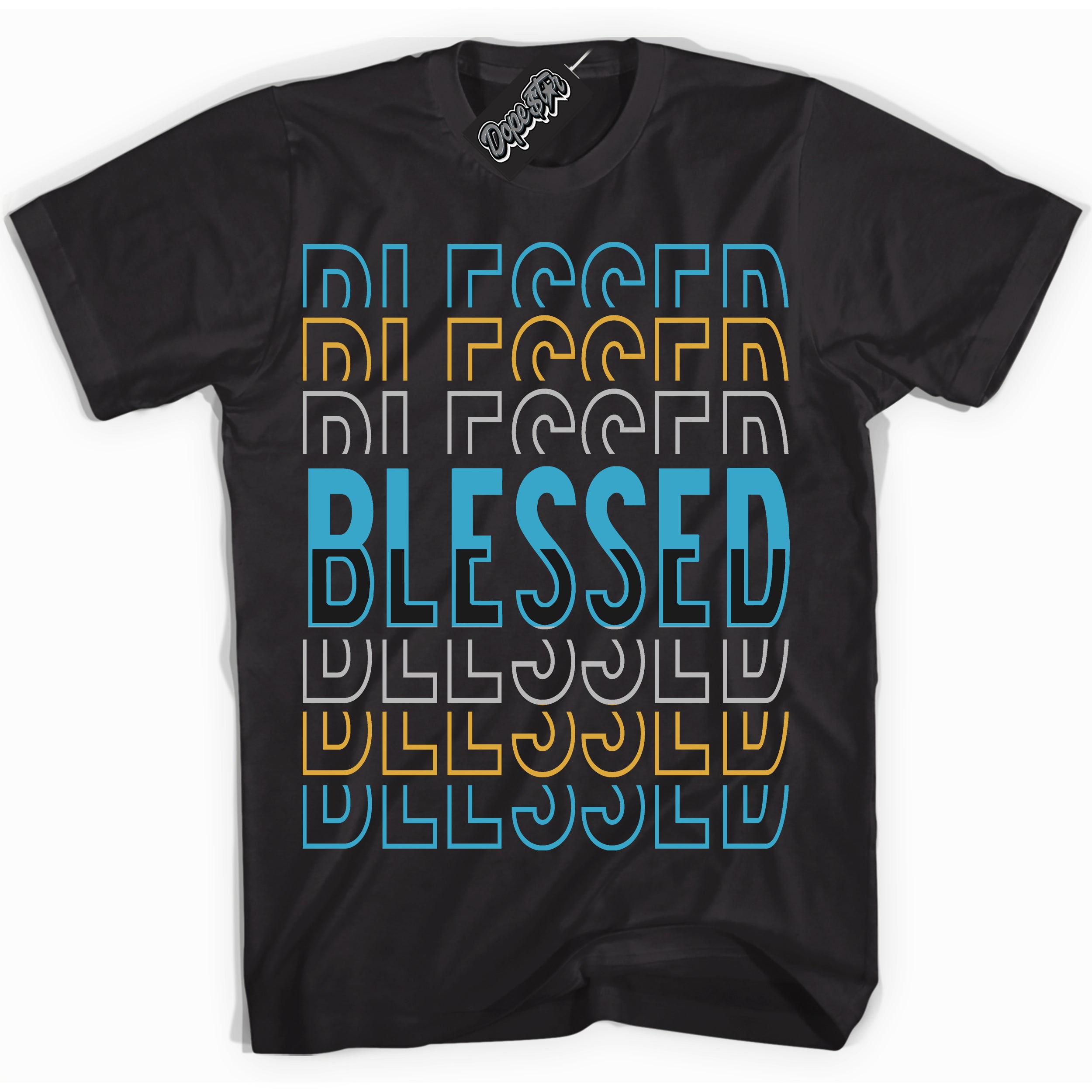 Cool Black Shirt with “ Blessed Stacked” design that perfectly matches Aqua 5s Sneakers.