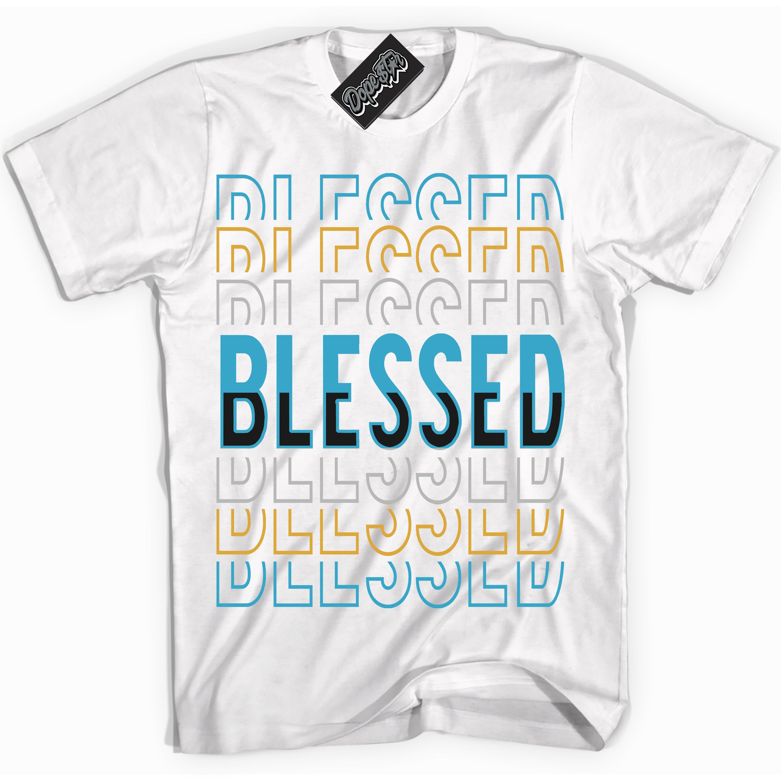 Cool White Shirt with “ Blessed Stacked” design that perfectly matches Aqua 5s Sneakers.