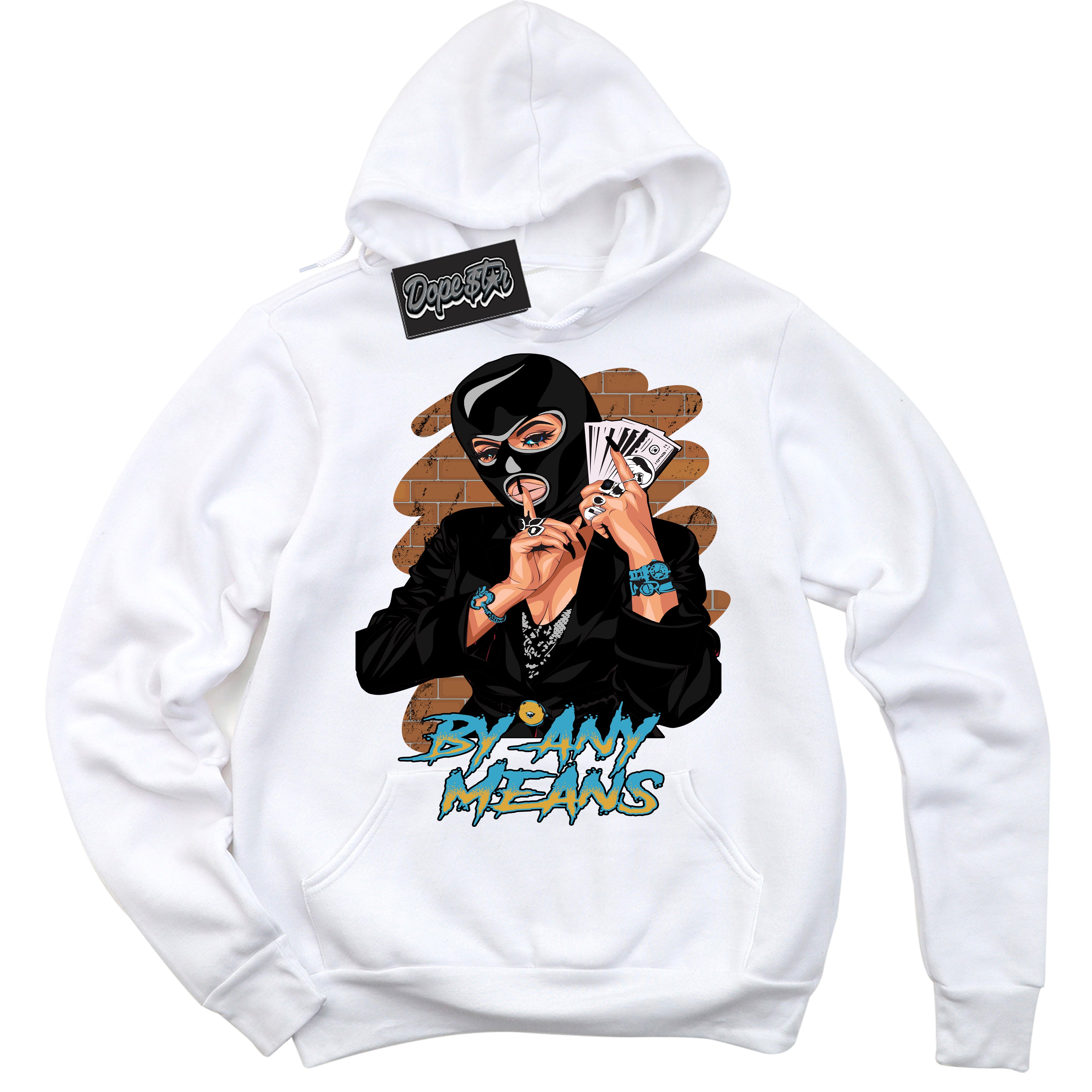 Cool White Hoodie with “ By Any Means ”  design that Perfectly Matches Aqua 5s Sneakers.