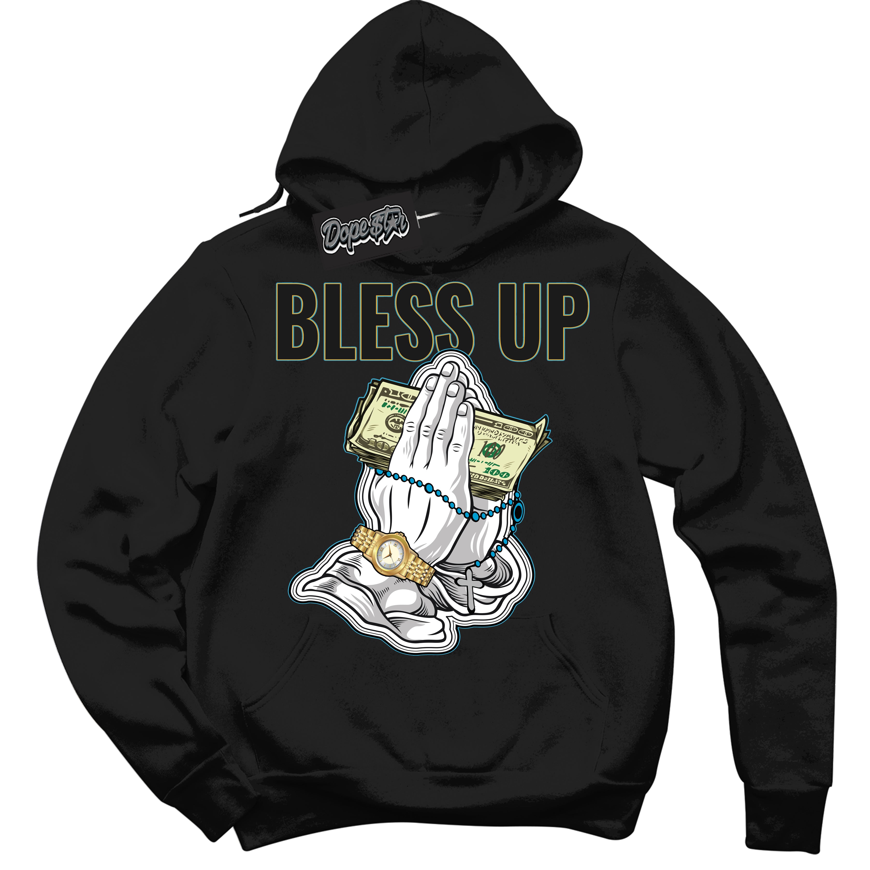 Cool Black Hoodie with “ Bless Up ”  design that Perfectly Matches Aqua 5s Sneakers.