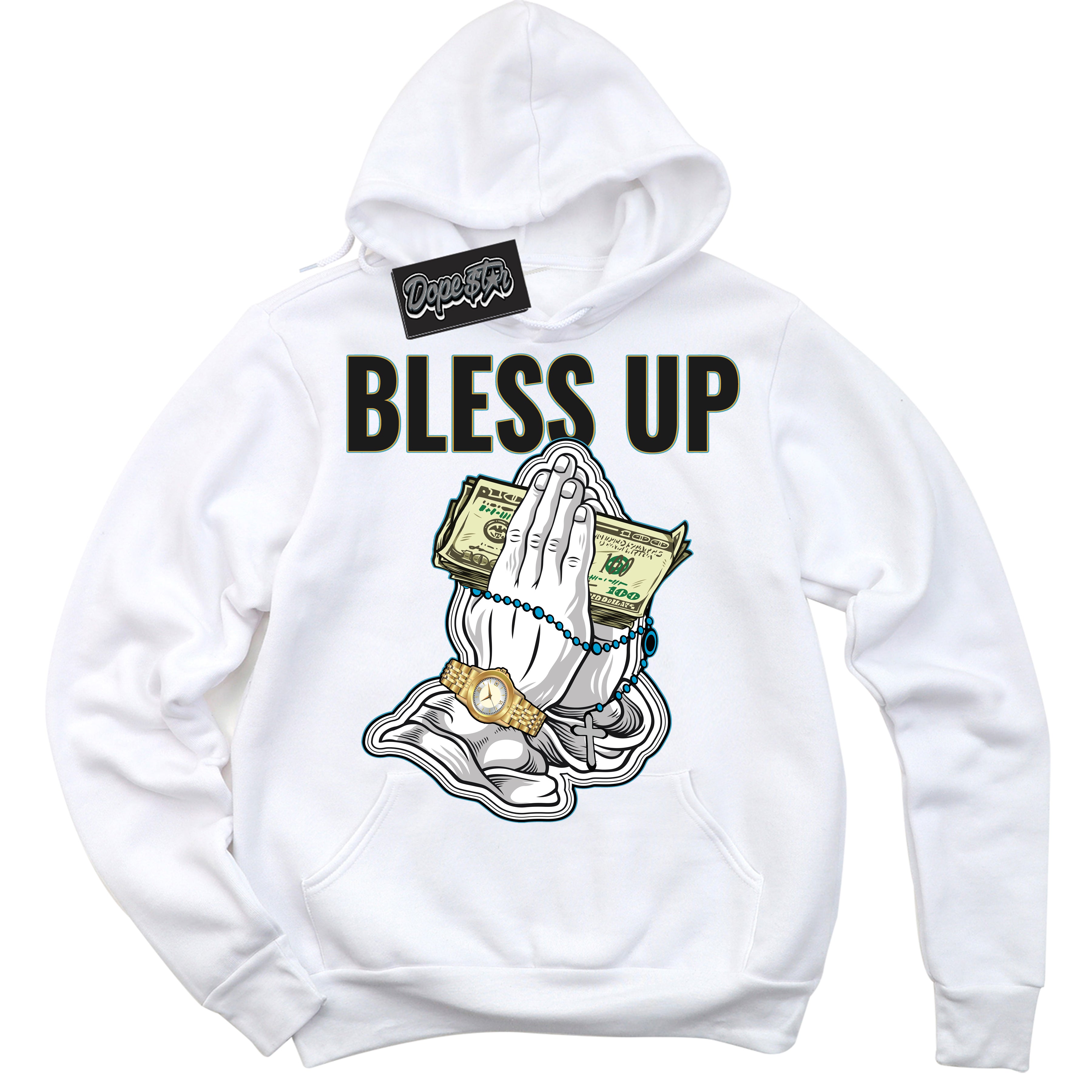 Cool White Hoodie with “ Bless Up ”  design that Perfectly Matches Aqua 5s Sneakers.