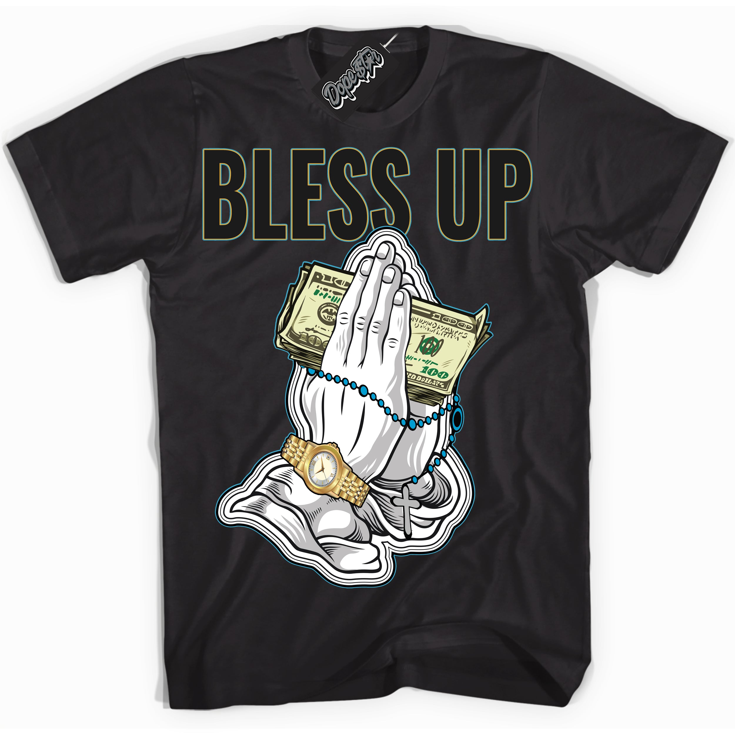 Cool Black Shirt with “ Bless Up” design that perfectly matches Aqua 5s Sneakers.