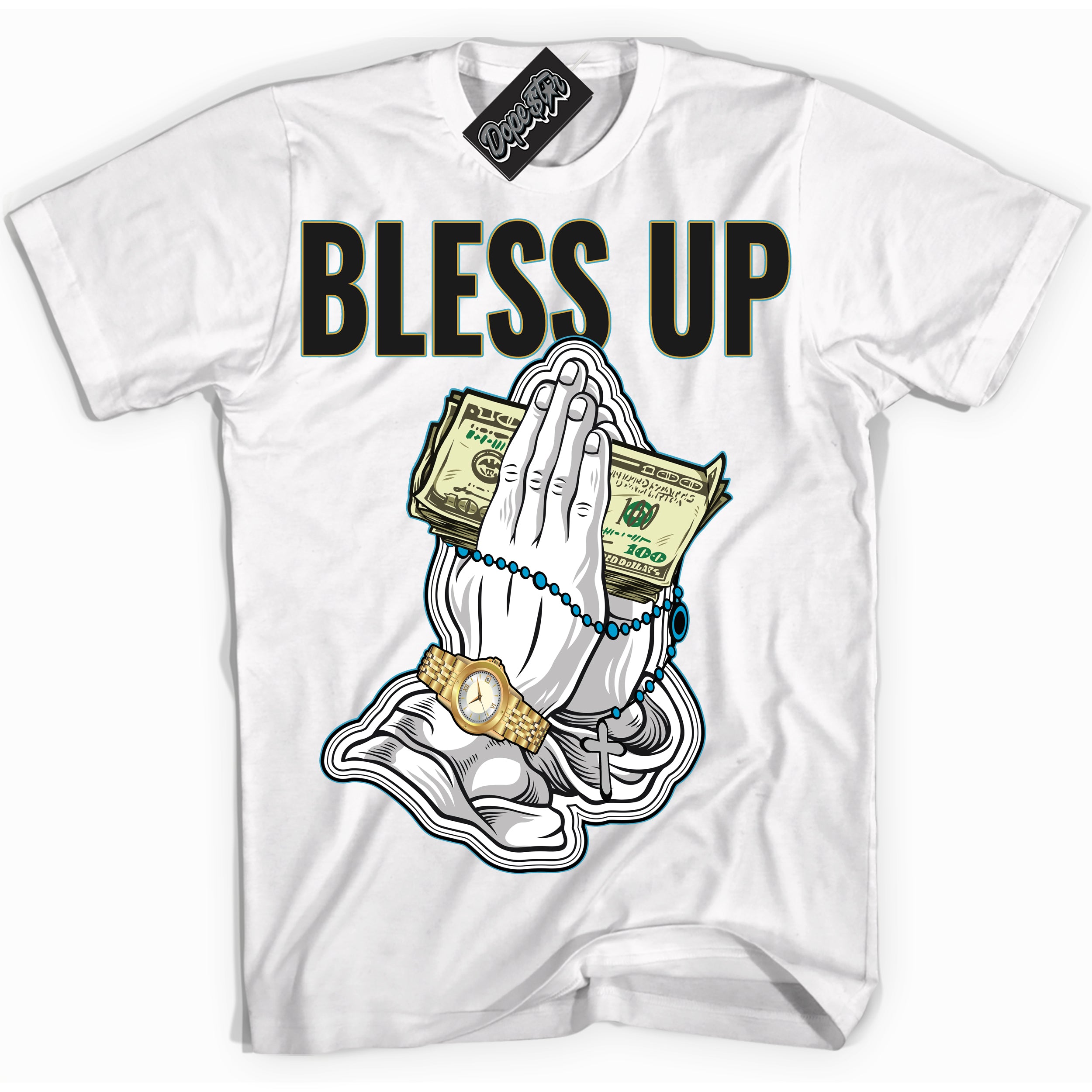 Cool White Shirt with “ Bless Up” design that perfectly matches Aqua 5s Sneakers.