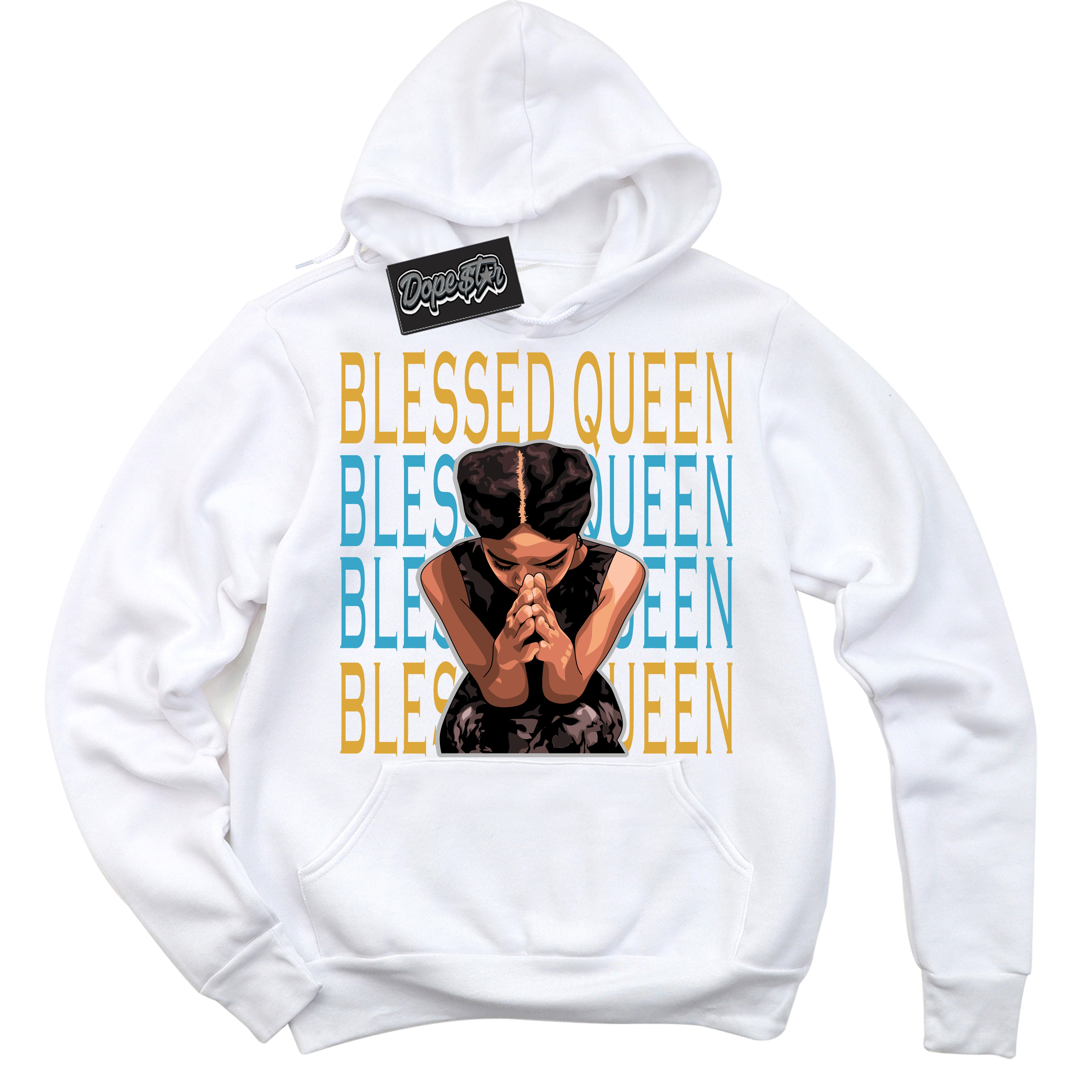 Cool White Hoodie with “ Blessed Queen ”  design that Perfectly Matches Aqua 5s Sneakers.