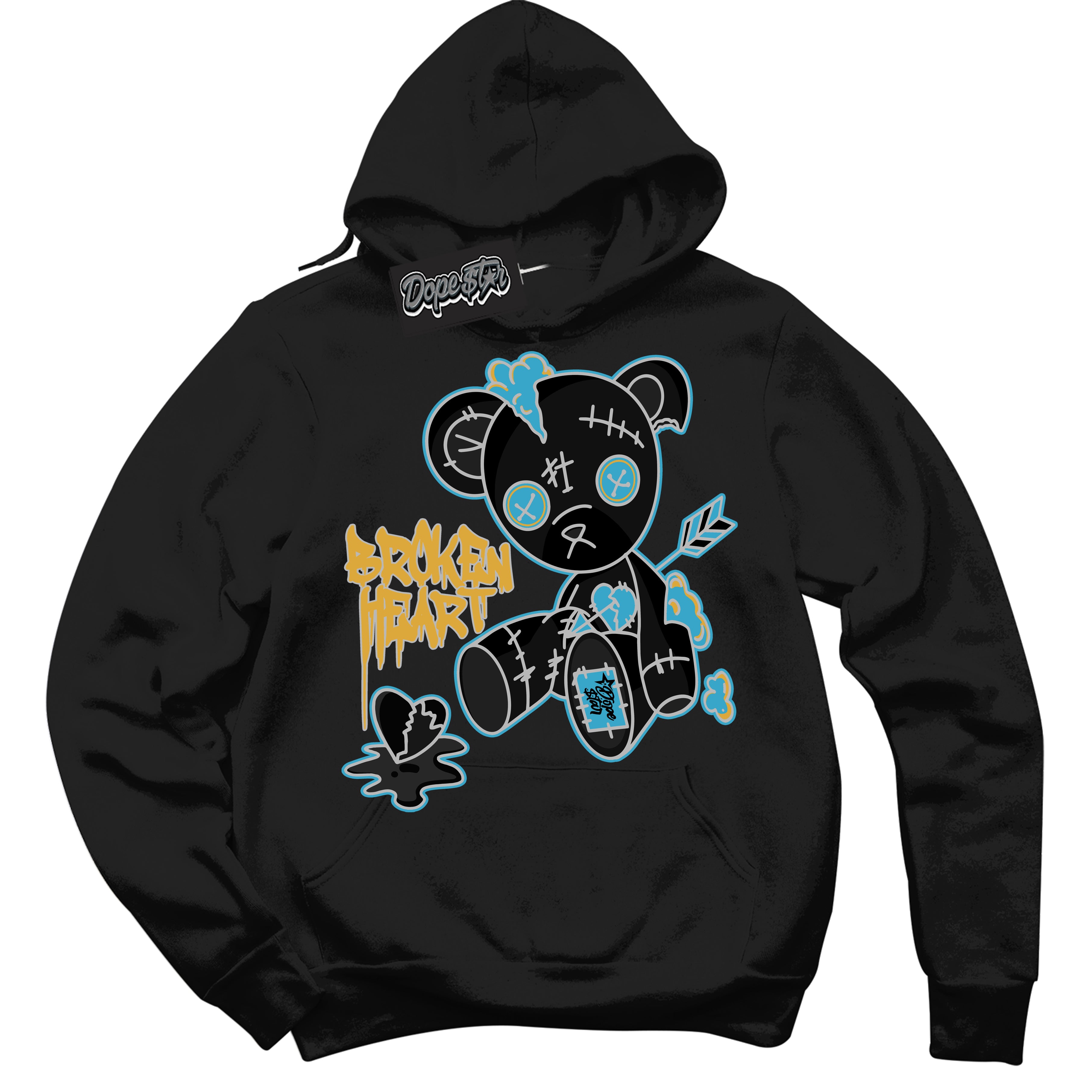 Cool Black Hoodie with “ Broken Heart Bear ”  design that Perfectly Matches Aqua 5s Sneakers.